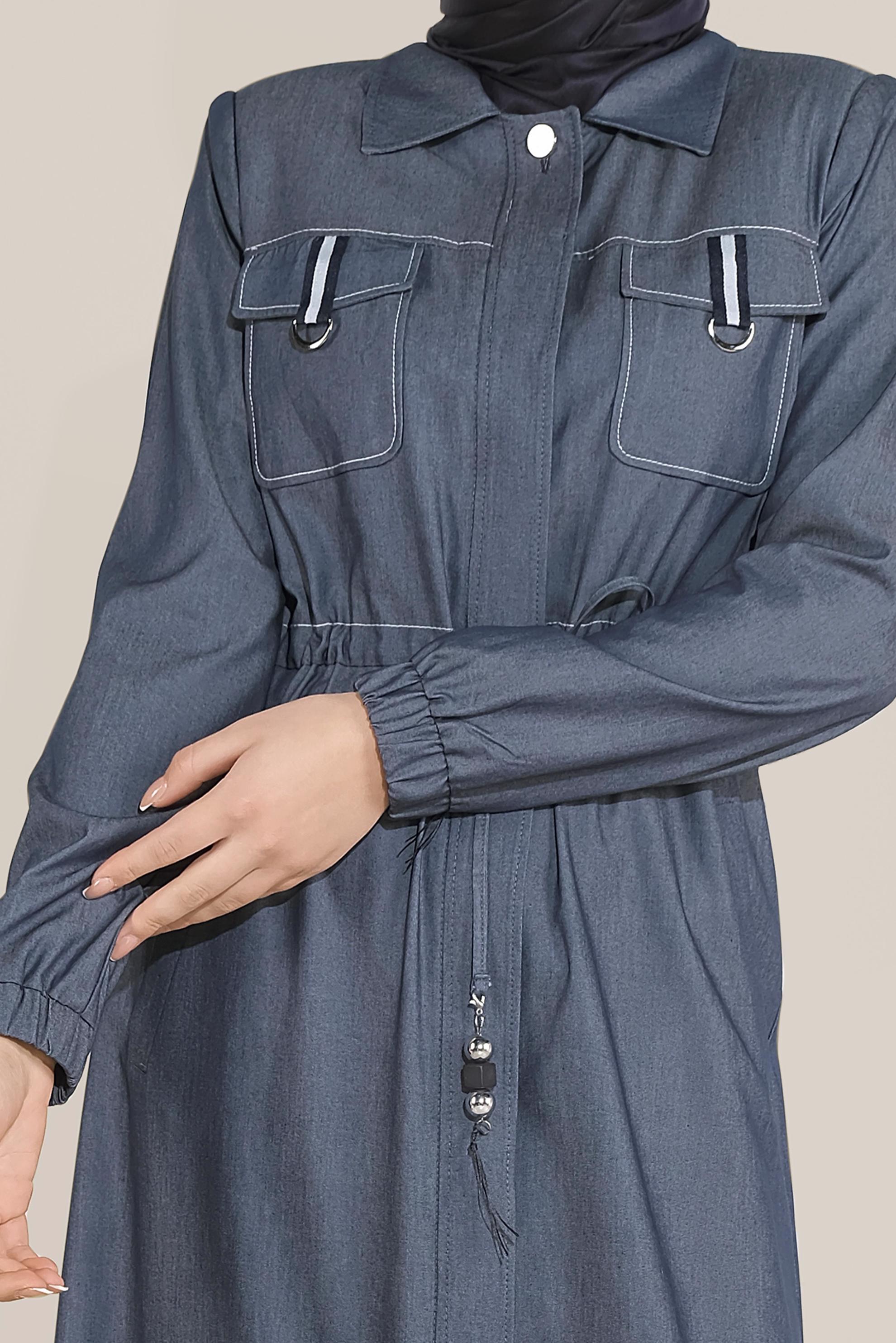 Tesettür giyim LACİVERT BELDEN BAĞCIKLI CEPLİ PARDESÜ 10166