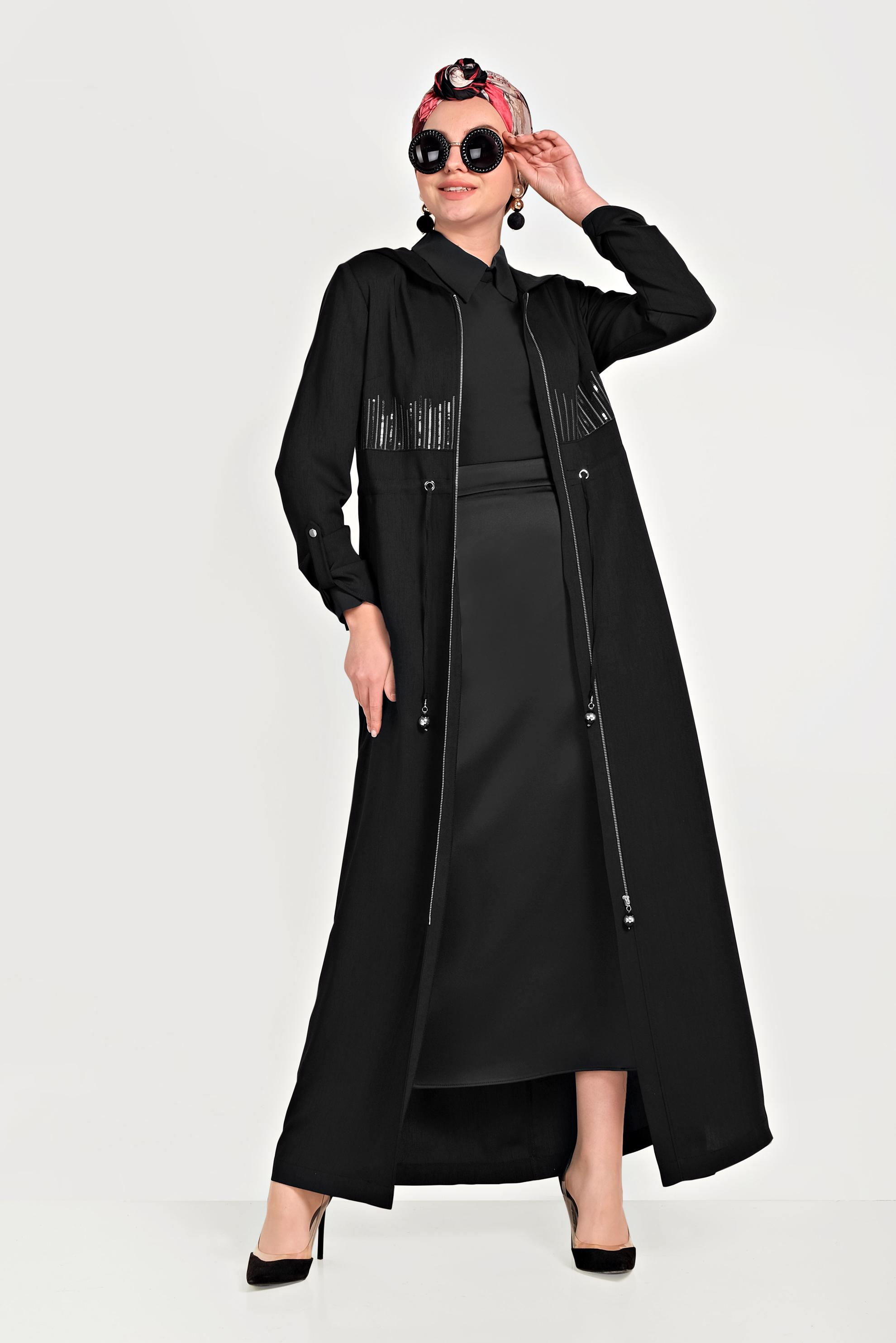 Tesettür giyim SİYAH BELİ BAĞCIKLI PARDESÜ 10167