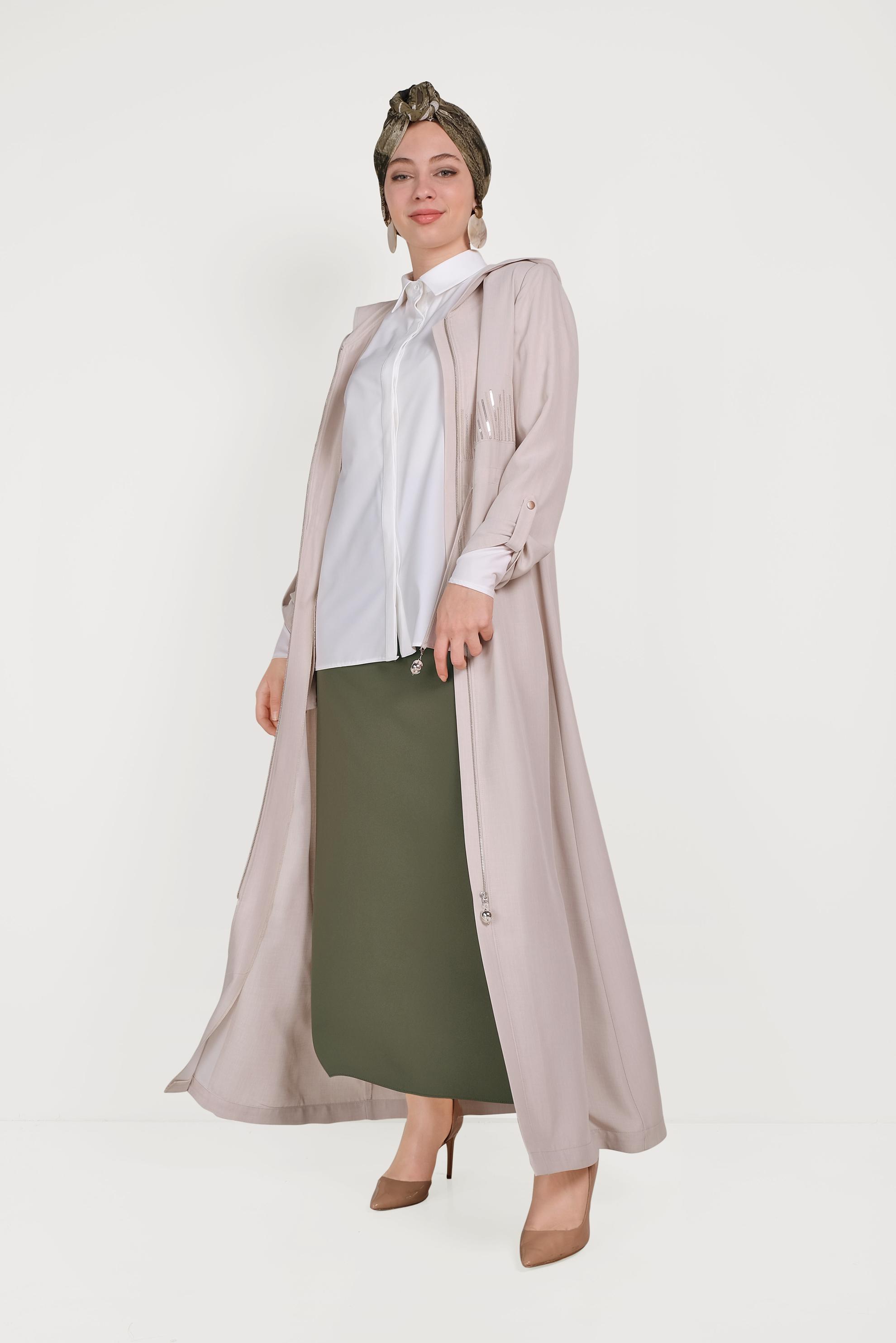 Tesettür giyim BEJ BELİ BAĞCIKLI PARDESÜ 10167