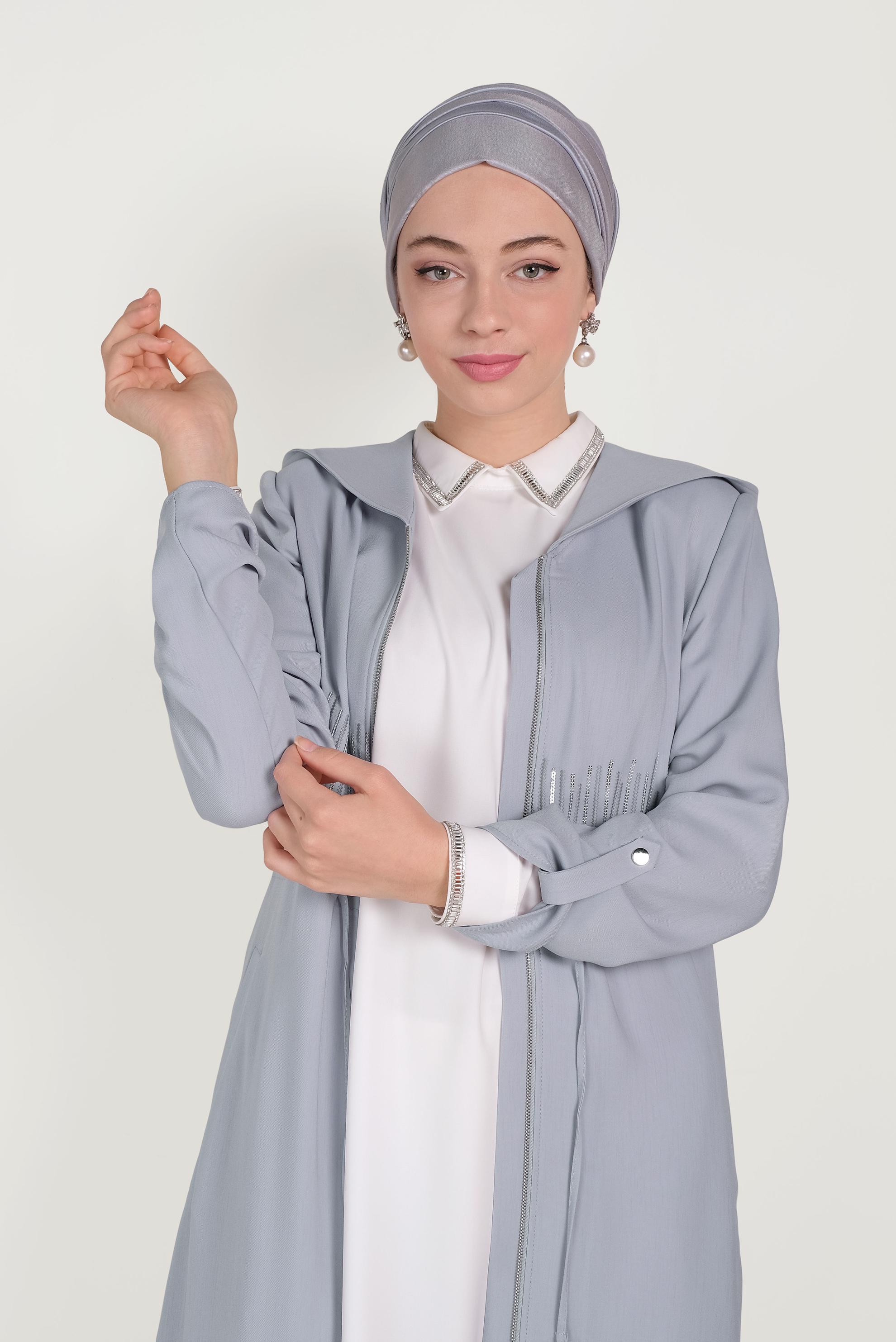 Tesettür giyim GRİ BELİ BAĞCIKLI PARDESÜ 10167