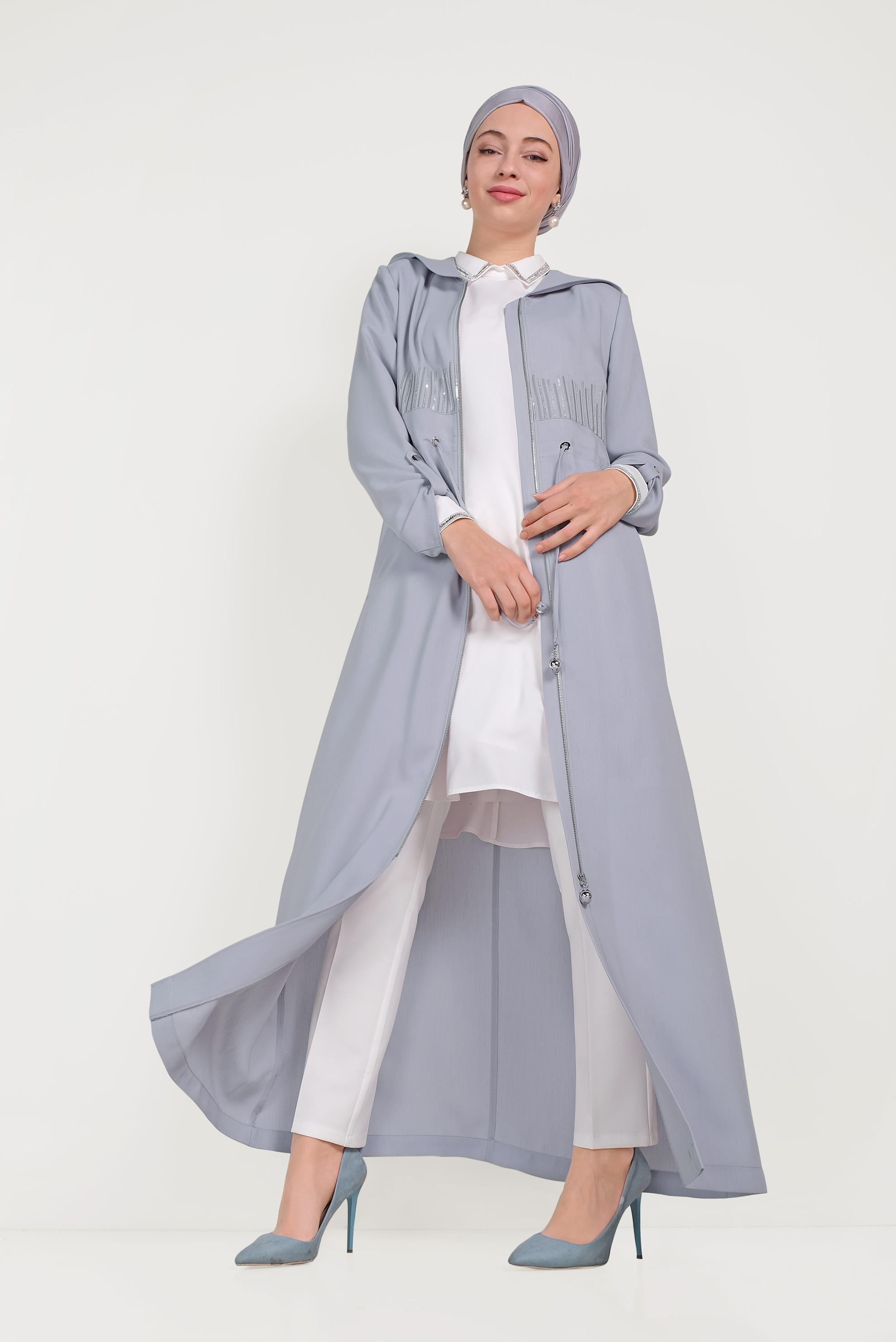 Tesettür giyim GRİ BELİ BAĞCIKLI PARDESÜ 10167
