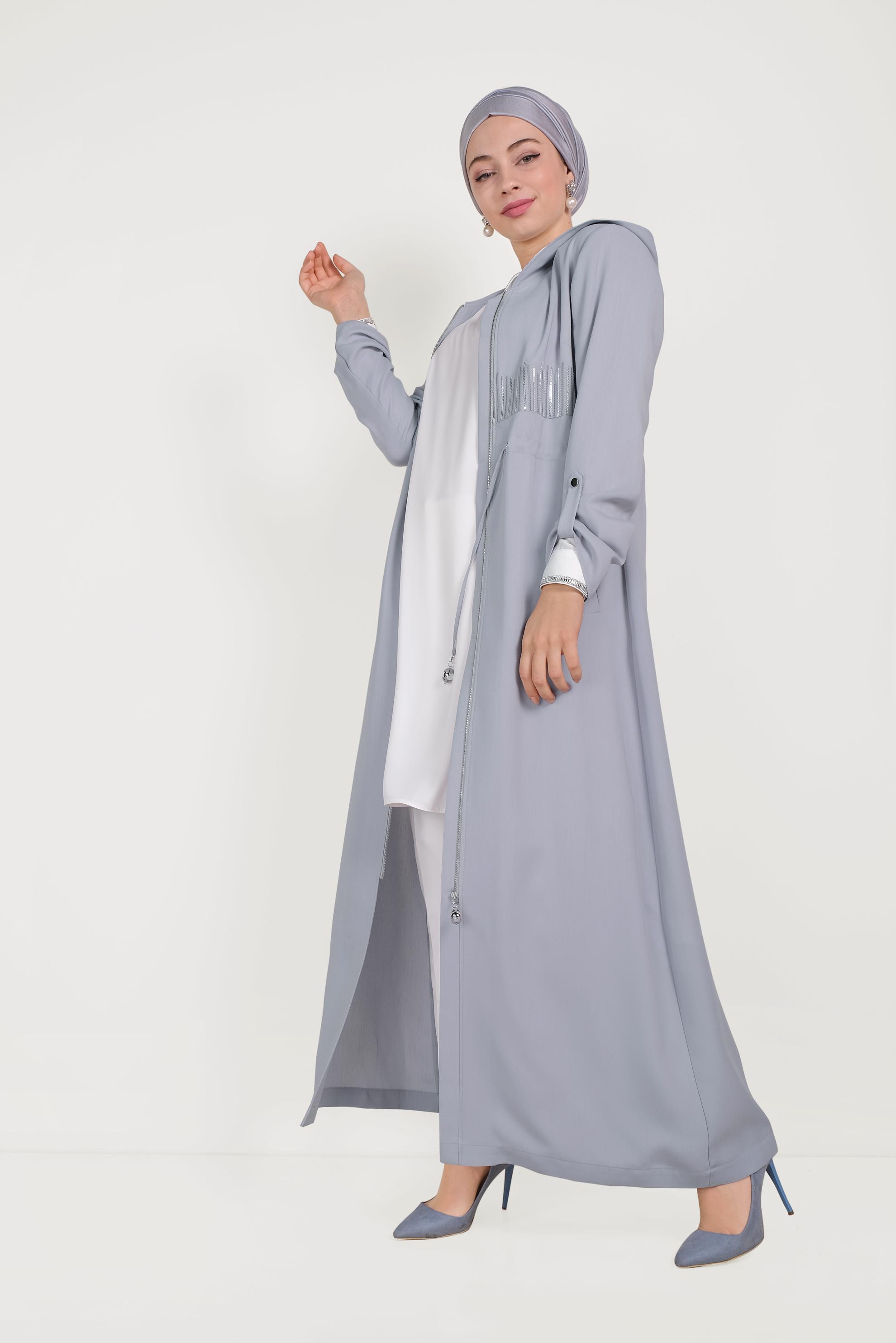 Tesettür giyim GRİ BELİ BAĞCIKLI PARDESÜ 10167