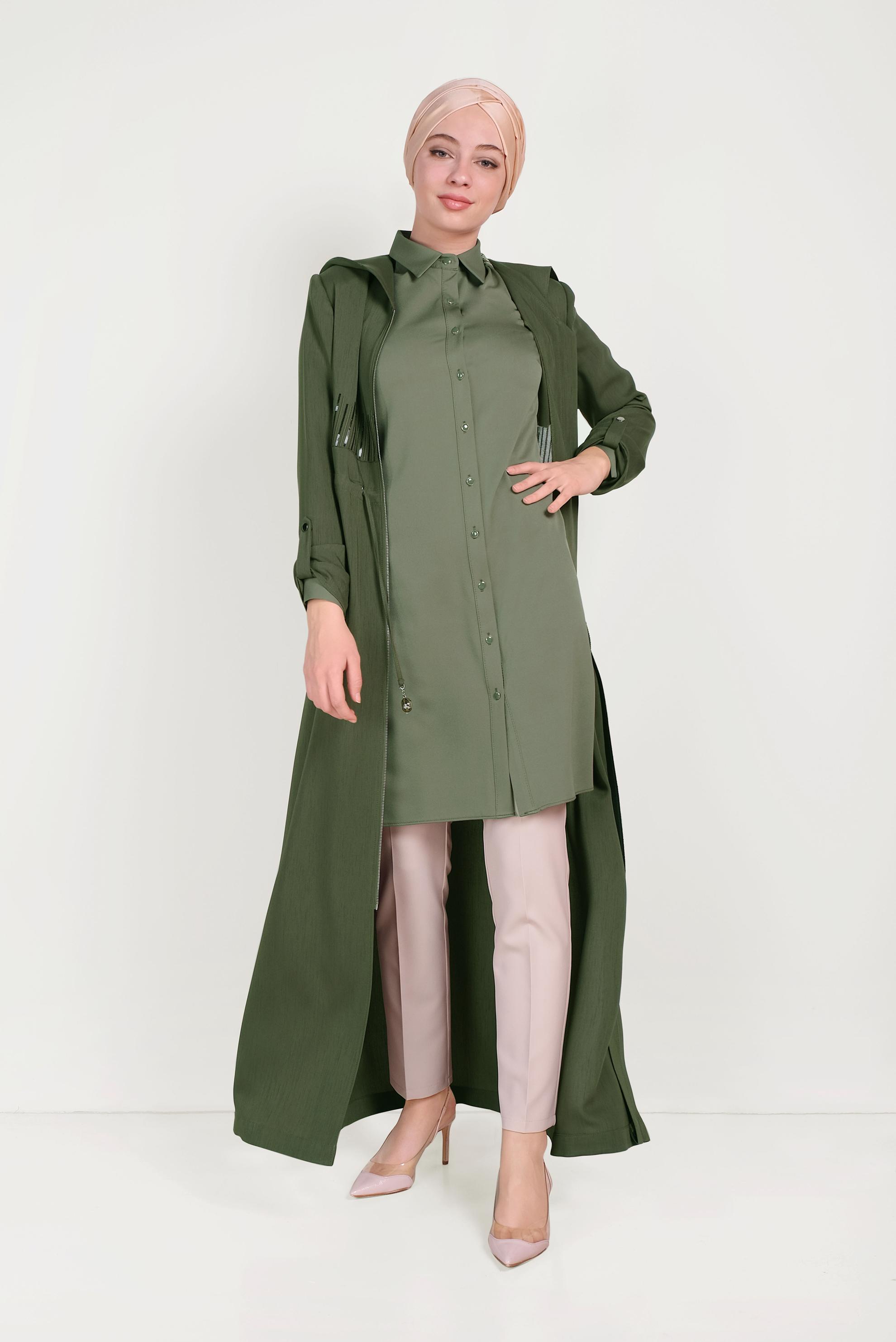 Tesettür giyim HAKİ BELİ BAĞCIKLI PARDESÜ 10167