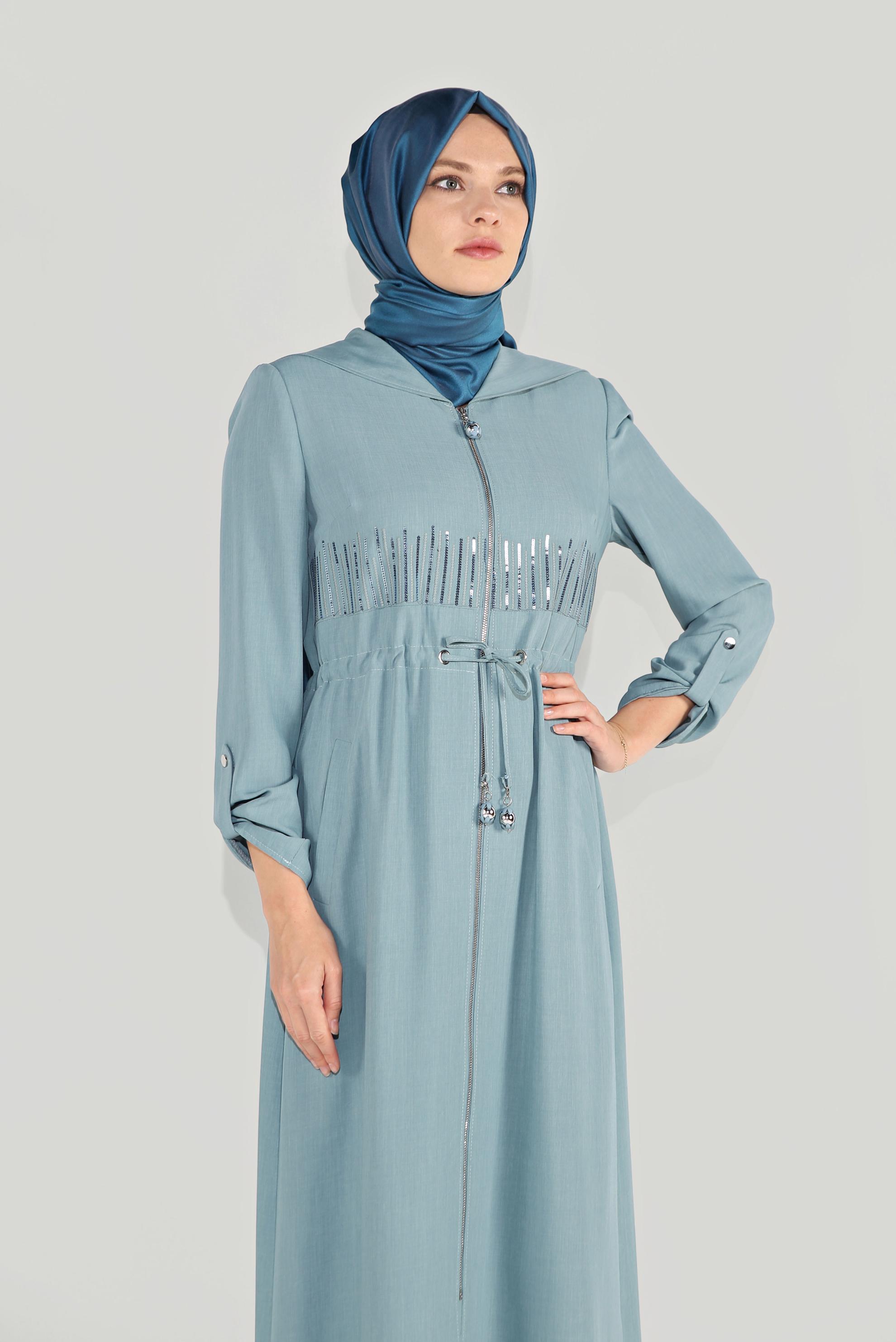 Tesettür giyim MAVİ BELİ BAĞCIKLI PARDESÜ 10167
