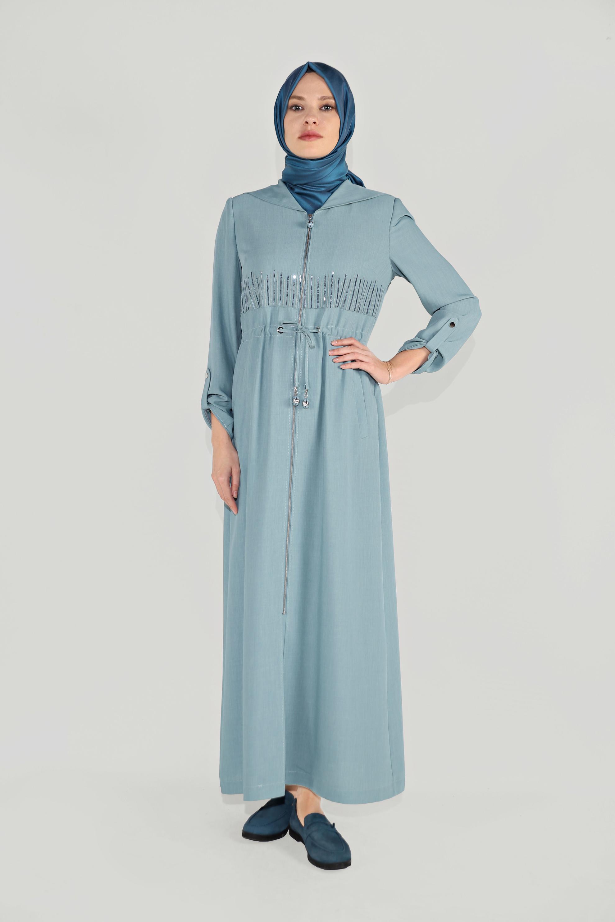 Tesettür giyim MAVİ BELİ BAĞCIKLI PARDESÜ 10167