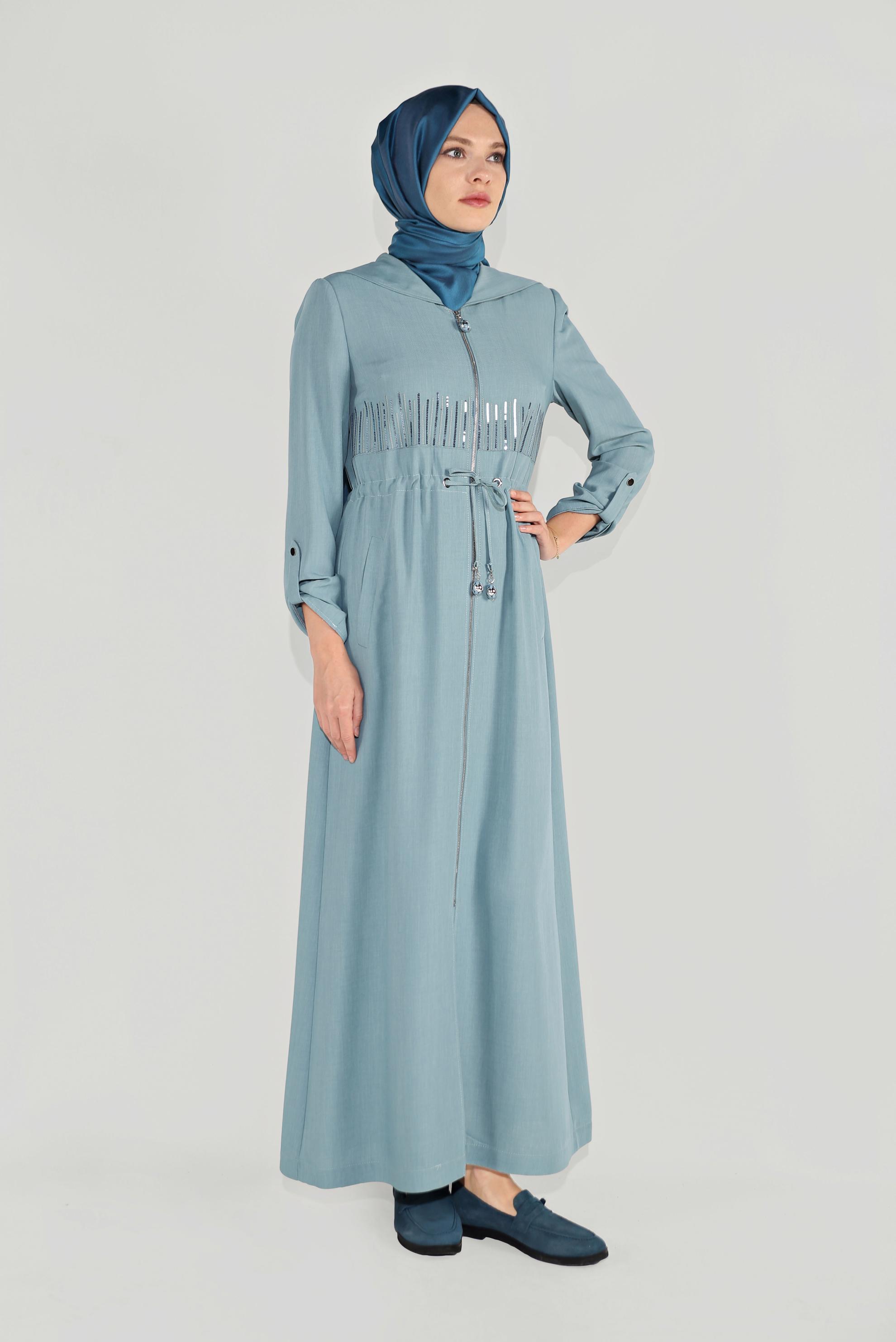 Tesettür giyim MAVİ BELİ BAĞCIKLI PARDESÜ 10167