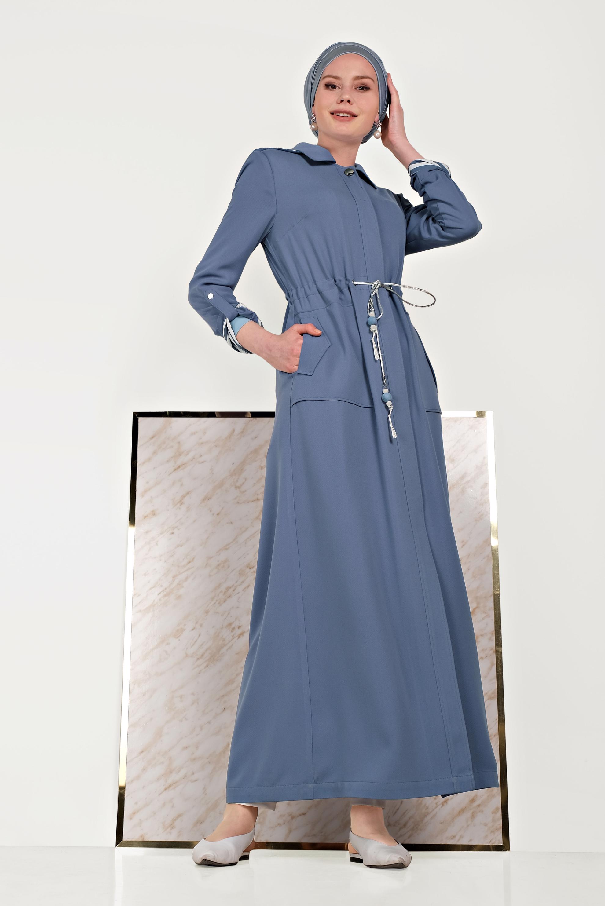 Tesettür giyim LACİVERT BELİ BÜZGÜLÜ KAPÜŞONLU PARDESÜ 10168