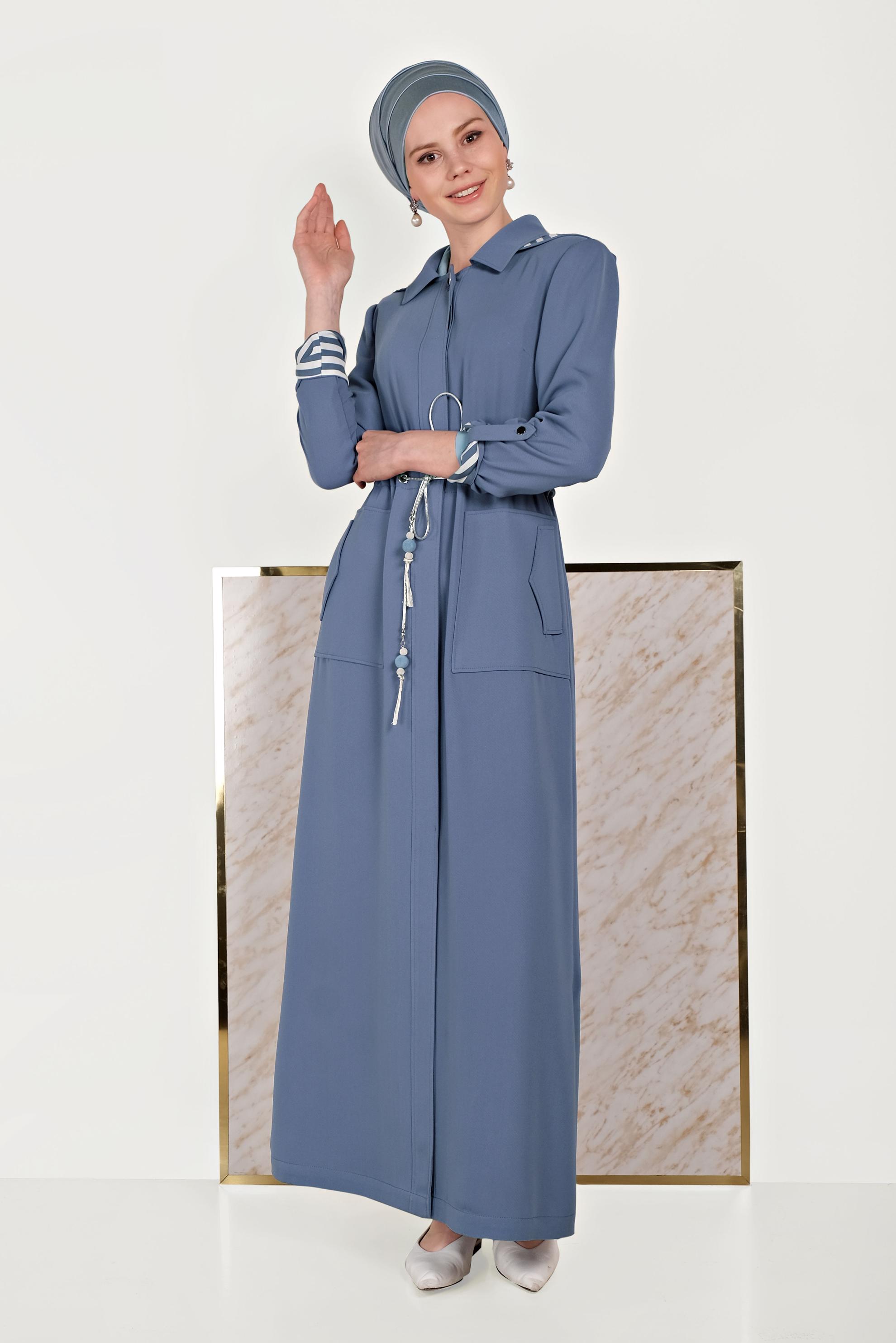 Tesettür giyim LACİVERT BELİ BÜZGÜLÜ KAPÜŞONLU PARDESÜ 10168