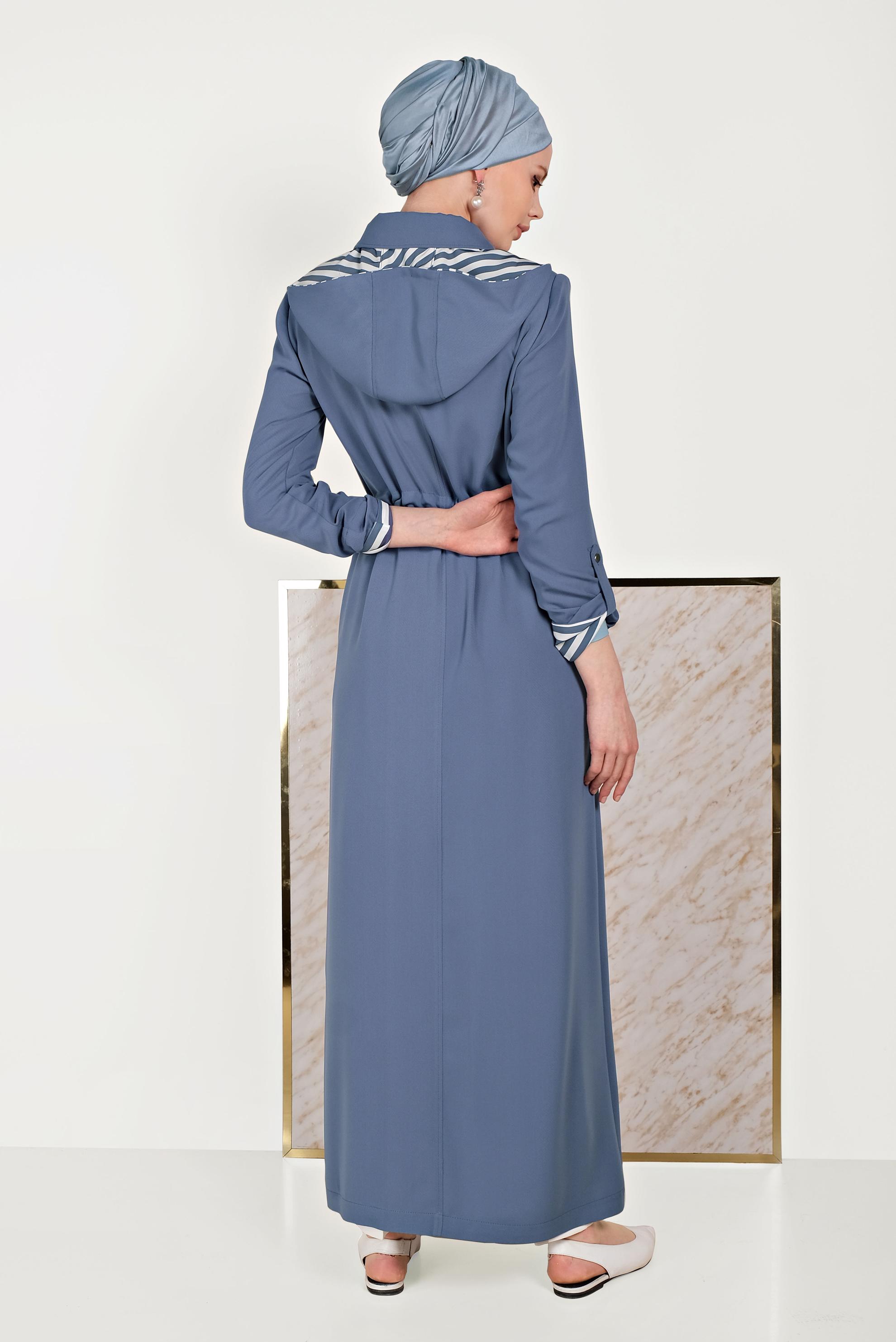 Tesettür giyim LACİVERT BELİ BÜZGÜLÜ KAPÜŞONLU PARDESÜ 10168