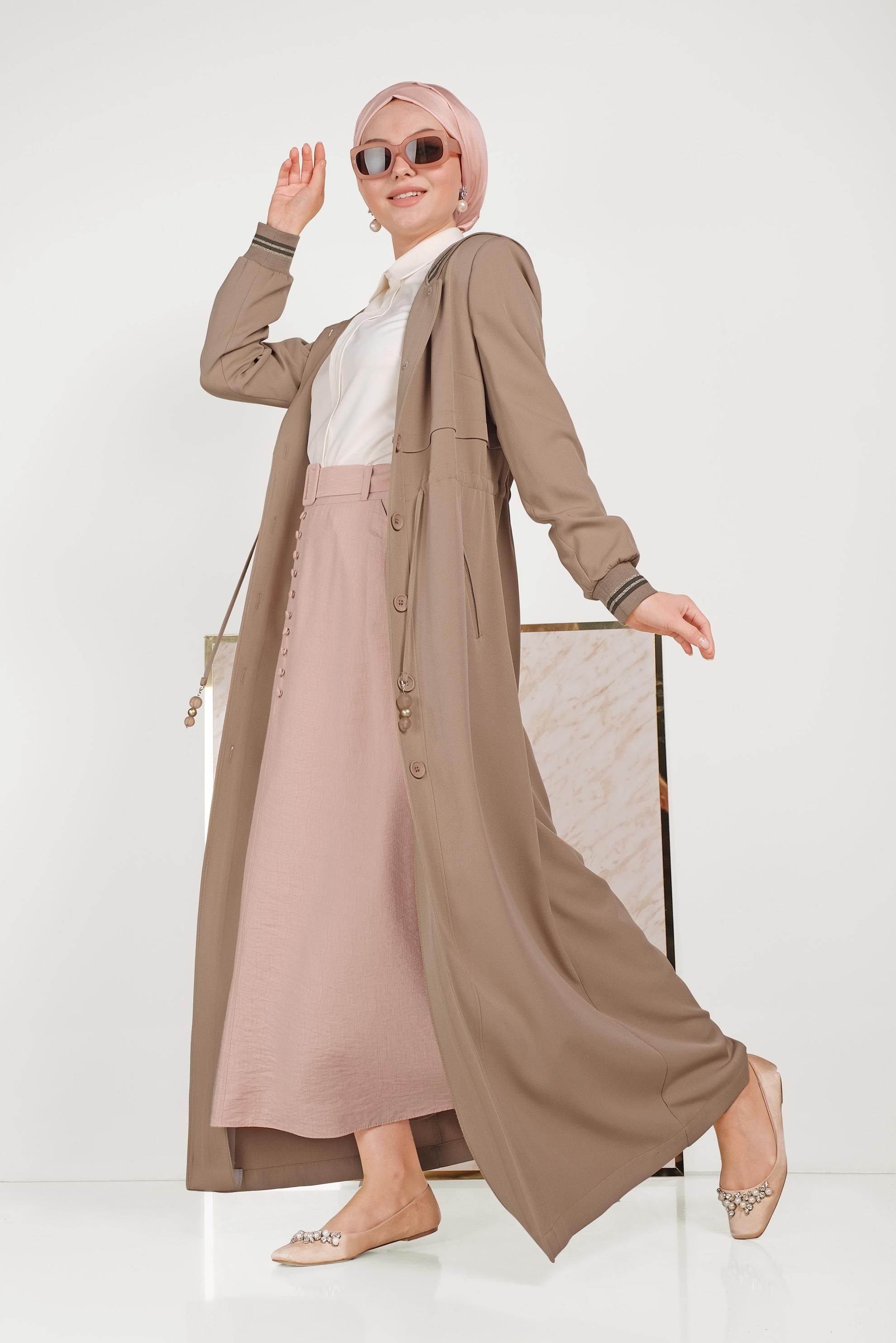 Tesettür giyim KAHVE ŞERİT DETAYLI PARDESÜ 10170