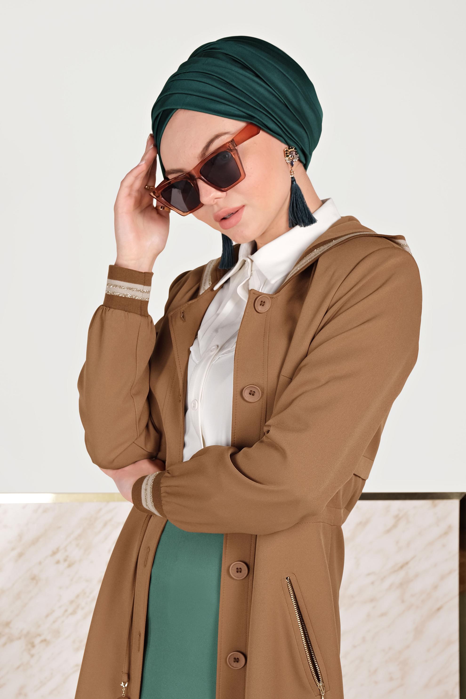 Tesettür giyim KAHVE ŞERİT DETAYLI PARDESÜ 10170