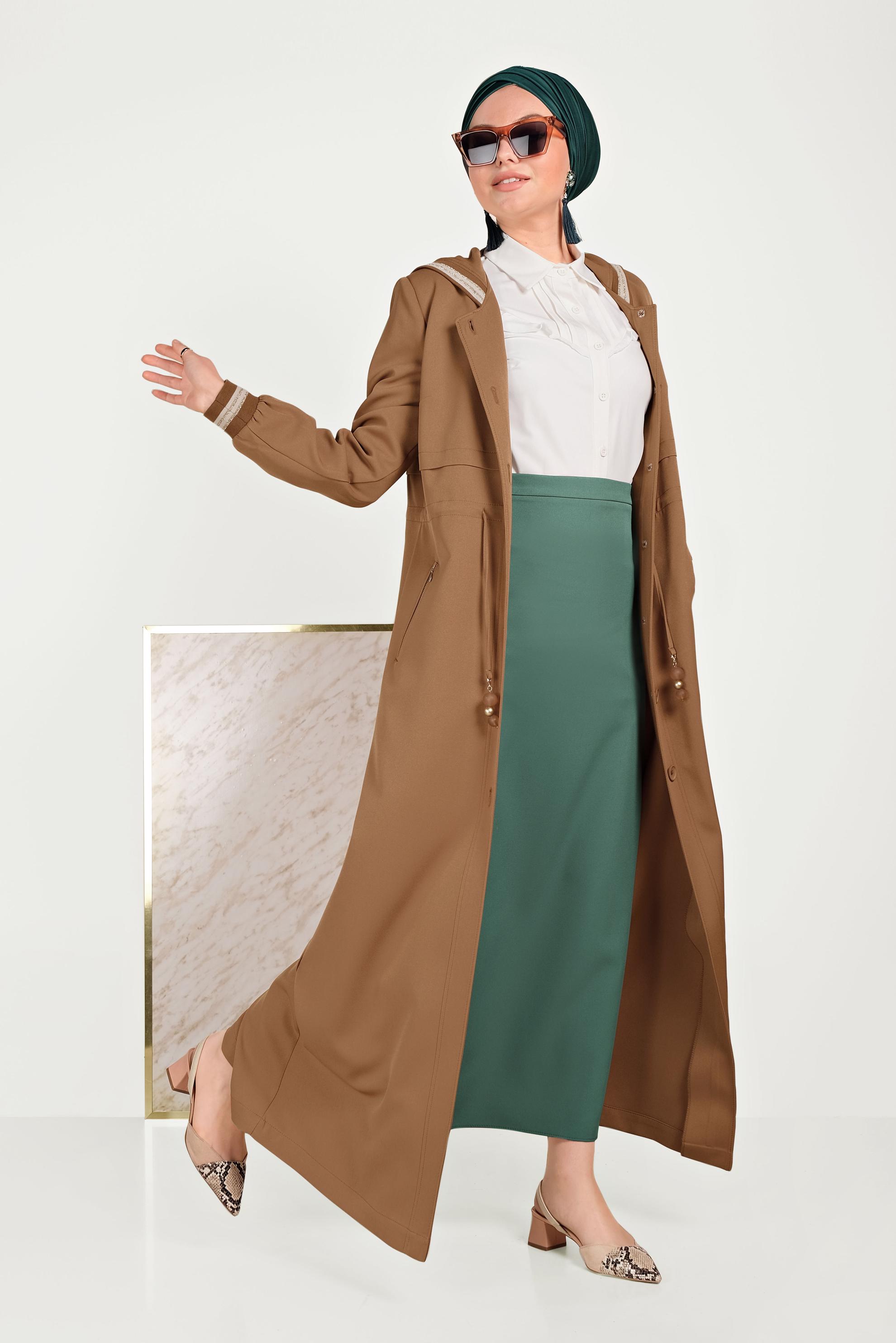 Tesettür giyim KAHVE ŞERİT DETAYLI PARDESÜ 10170