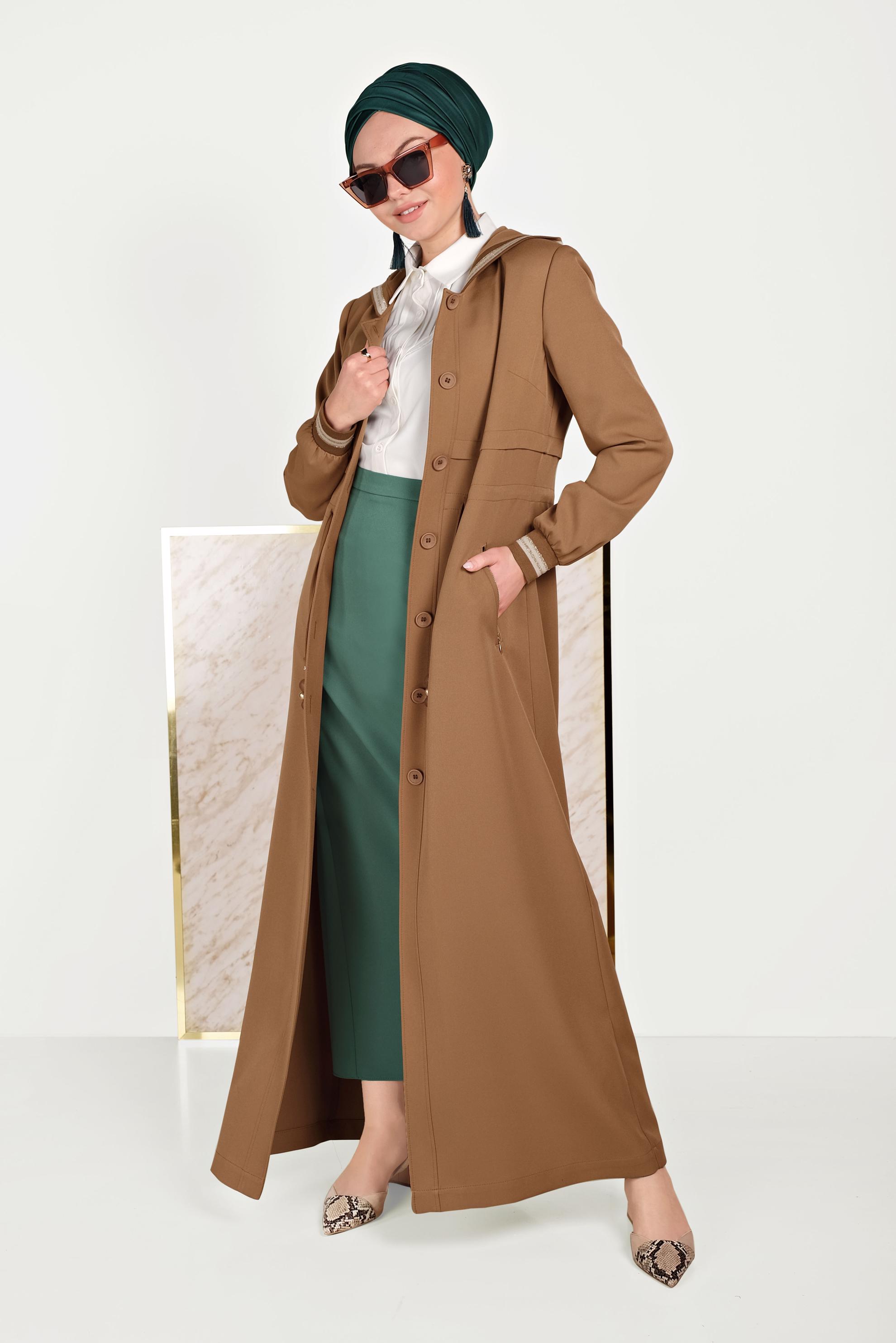 Tesettür giyim KAHVE ŞERİT DETAYLI PARDESÜ 10170