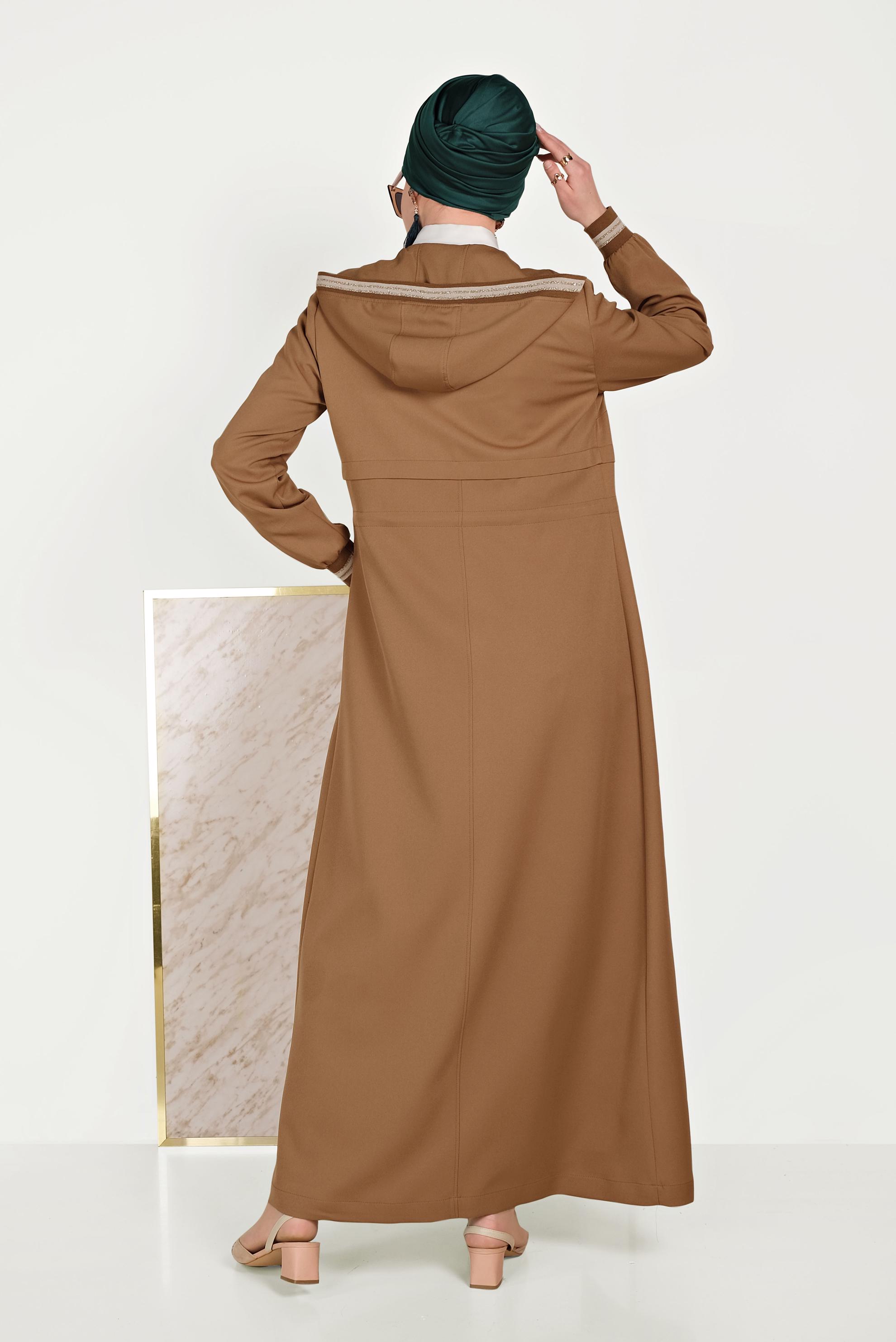 Tesettür giyim KAHVE ŞERİT DETAYLI PARDESÜ 10170