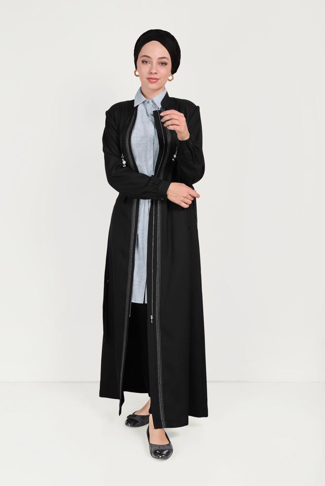 Tesettür giyim  BALON KOL NAKIŞLI HAKİM YAKA PARDESÜ 10180 - ALVİNA