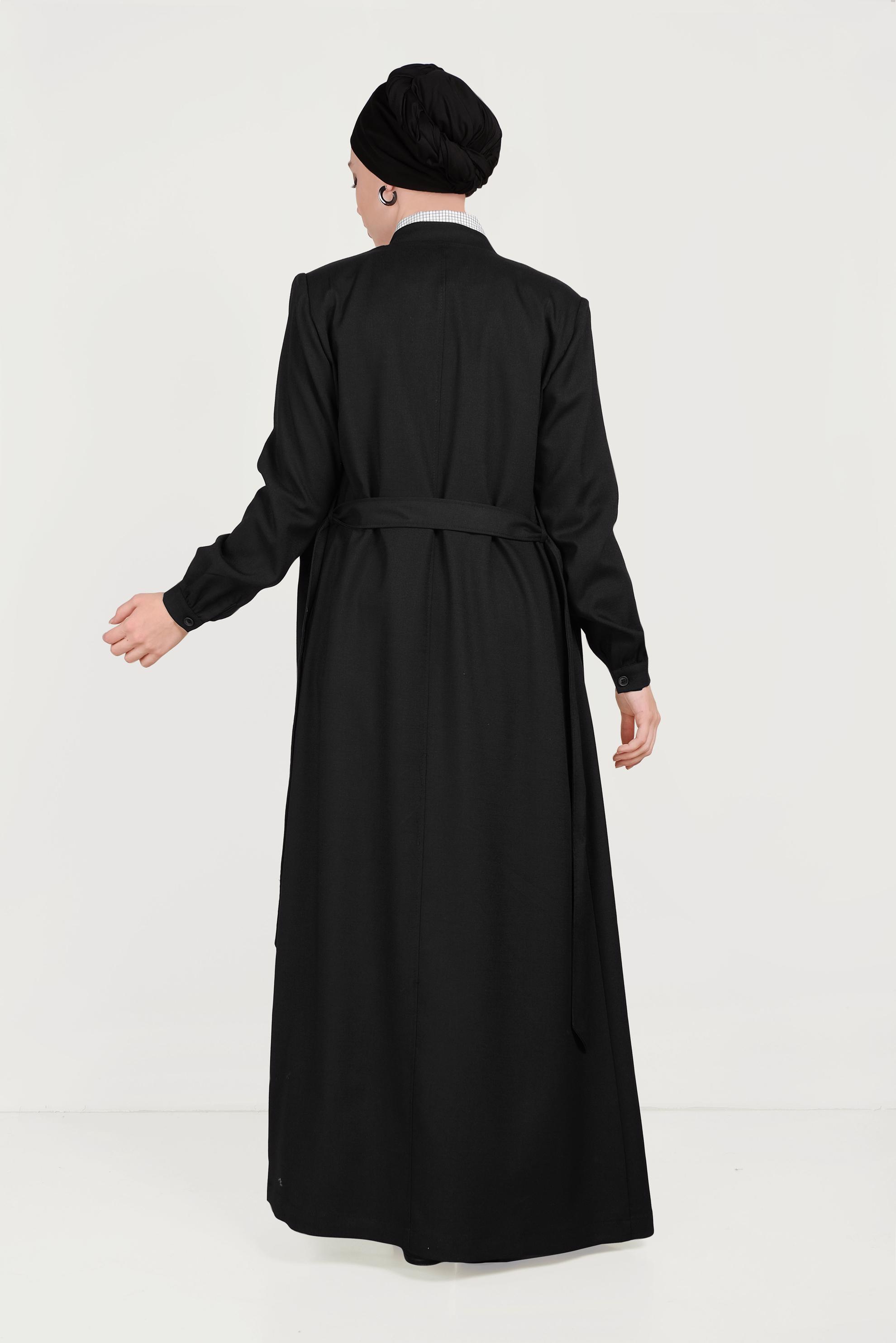 Tesettür giyim SİYAH BALON KOL NAKIŞLI HAKİM YAKA PARDESÜ 10180