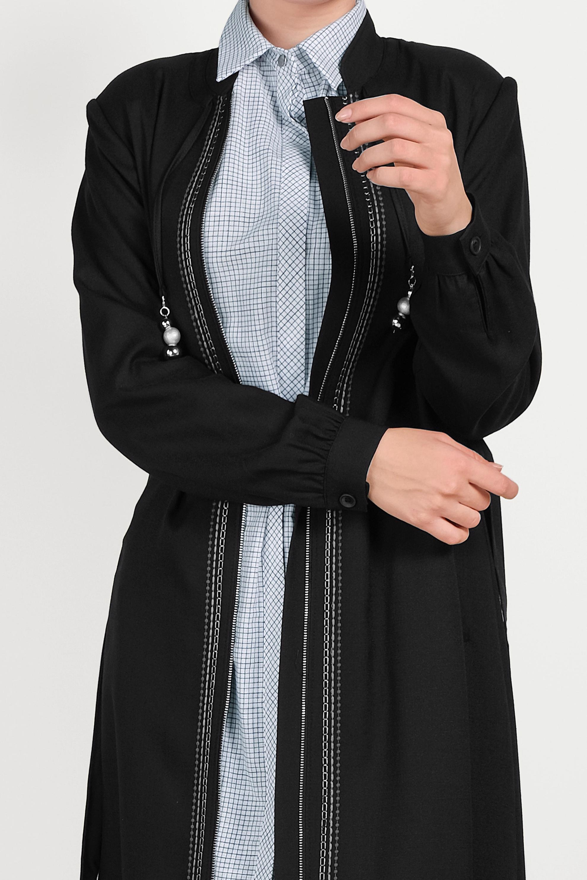 Tesettür giyim SİYAH BALON KOL NAKIŞLI HAKİM YAKA PARDESÜ 10180