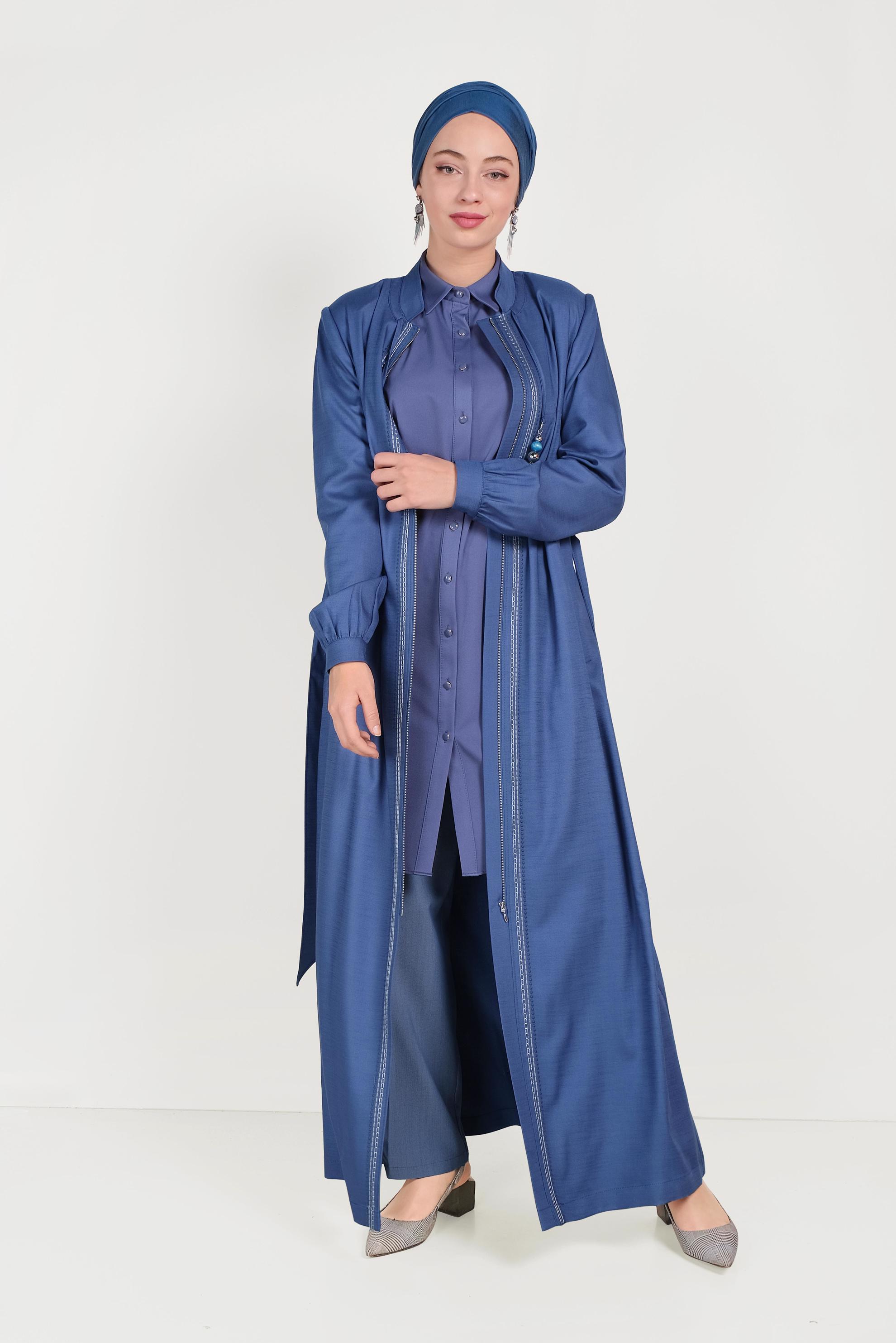 Tesettür giyim LACİVERT BALON KOL NAKIŞLI HAKİM YAKA PARDESÜ 10180