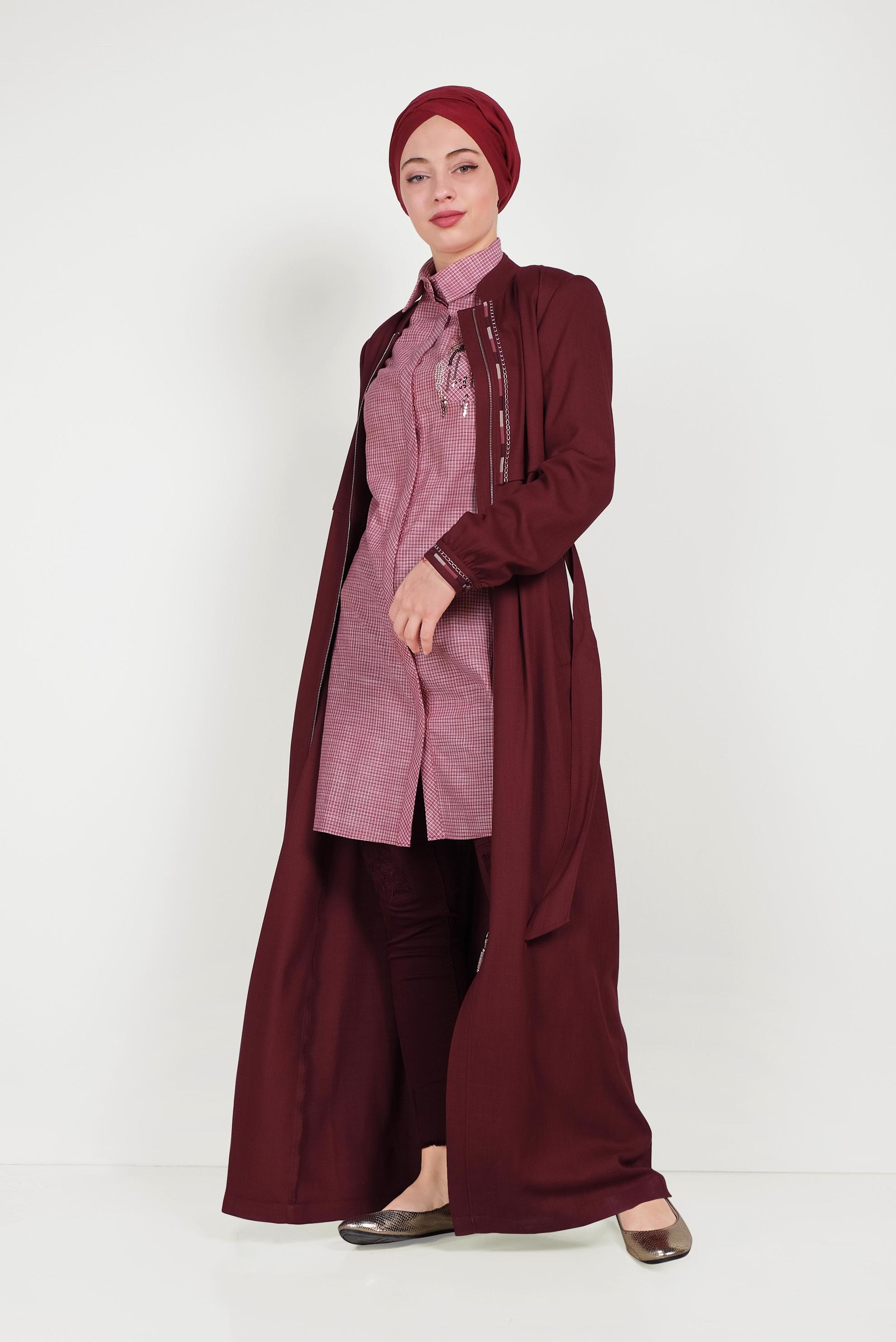 Tesettür giyim BORDO NAKIŞLI FERMUARLI PARDESÜ 10183