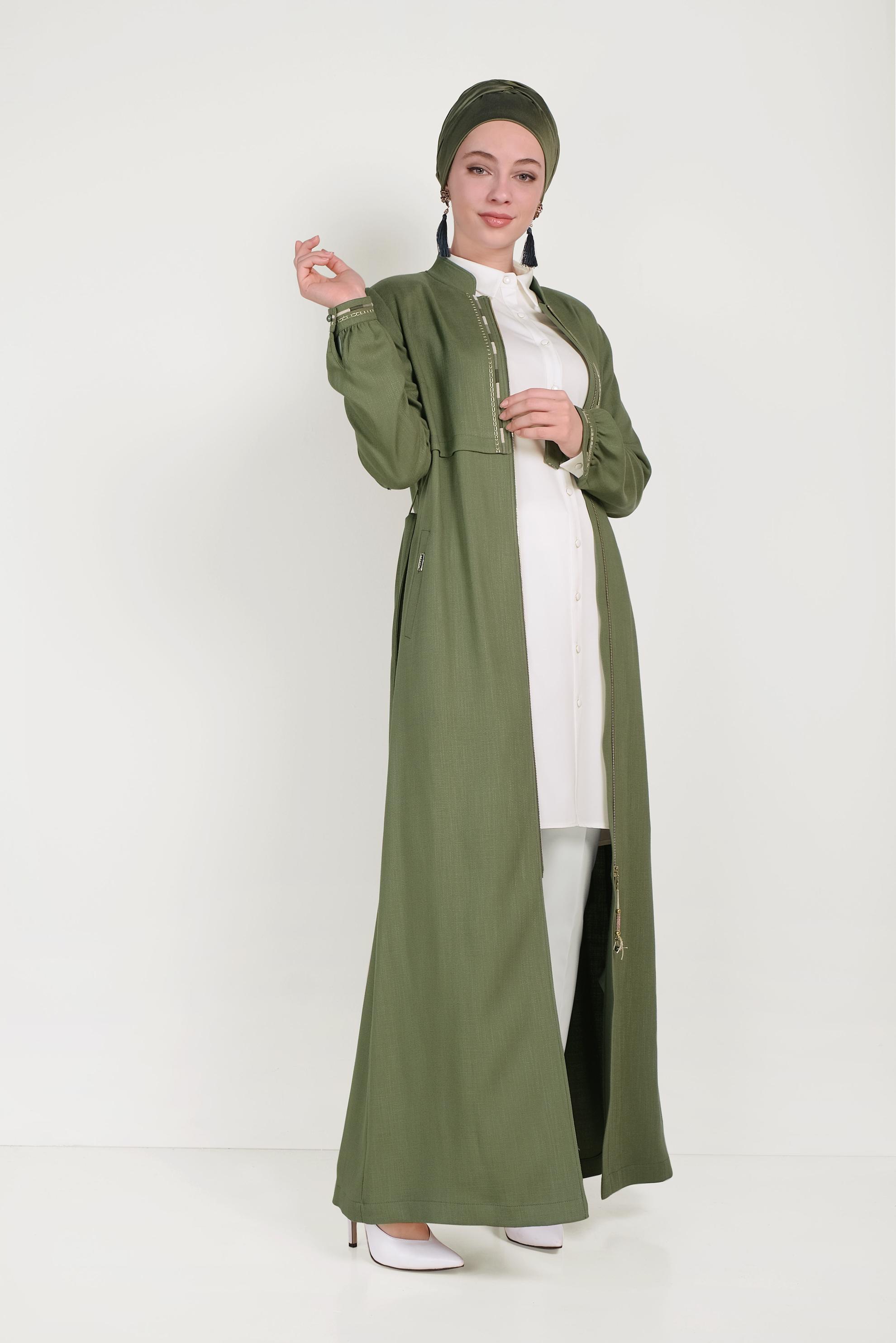 Tesettür giyim HAKİ NAKIŞLI FERMUARLI PARDESÜ 10183