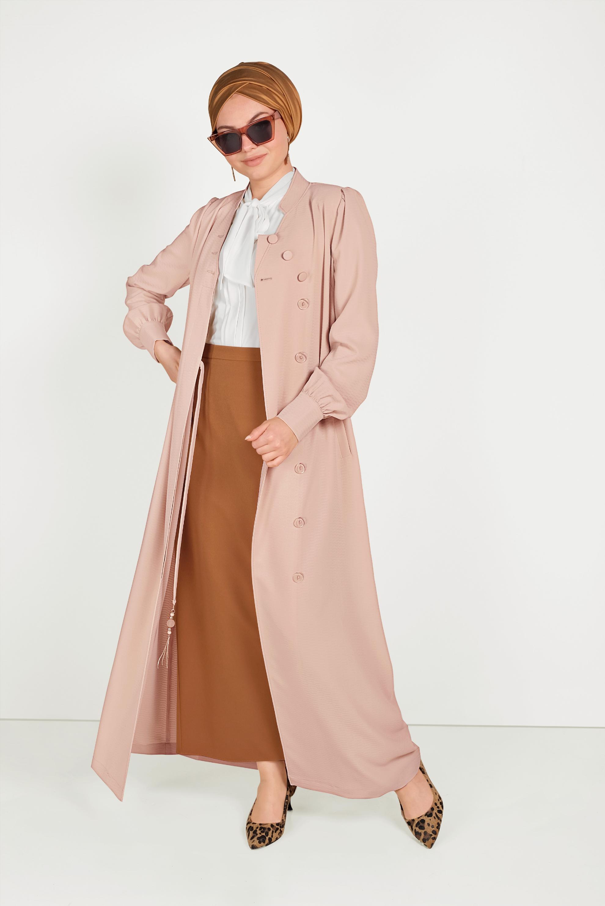 Tesettür giyim BEJ HAKİM YAKA DÜĞMELİ PARDESÜ 10184