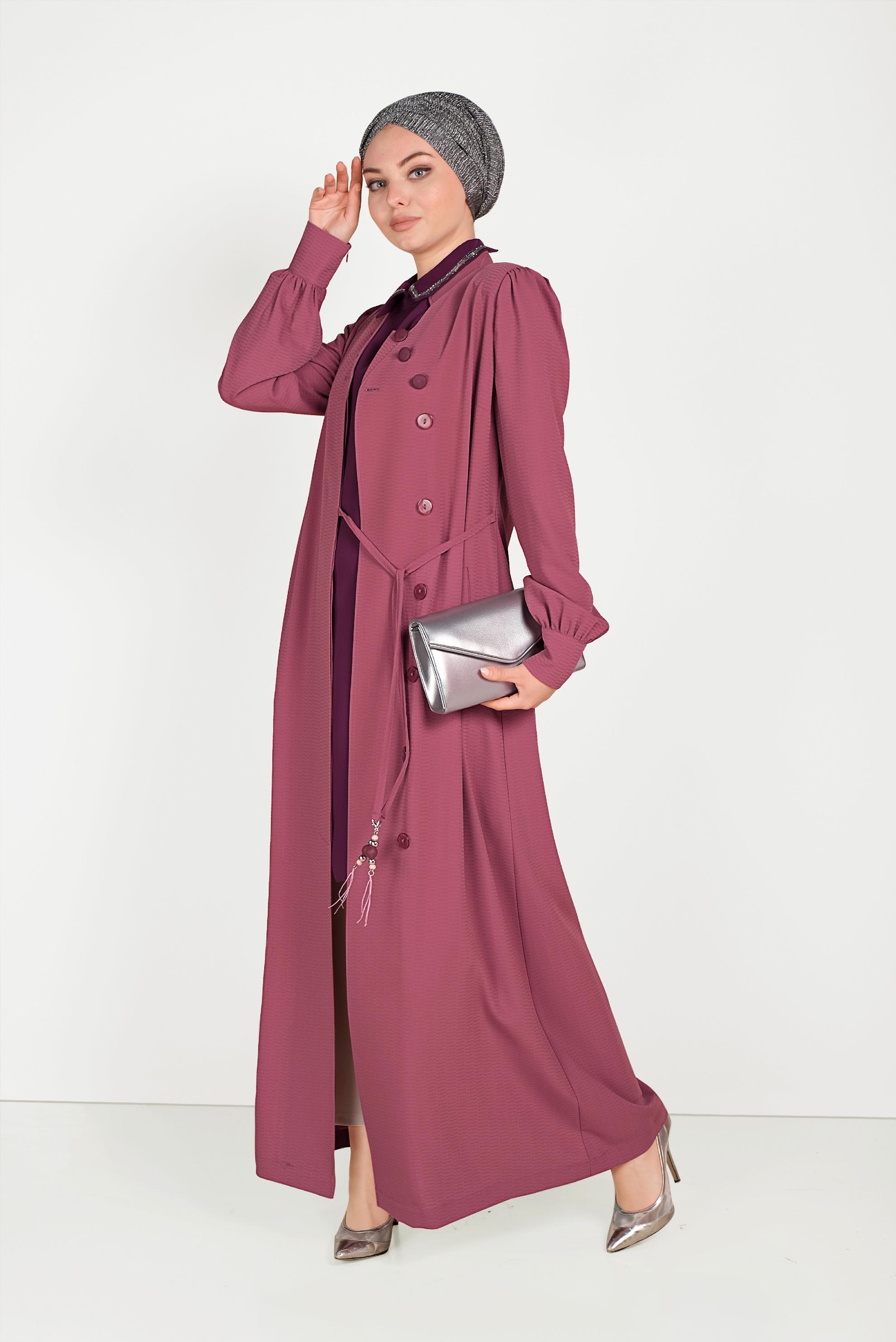 Hijab clothing POWDER BUTTONED TOPCOAT WITH MANDARIN COLLAR 10184