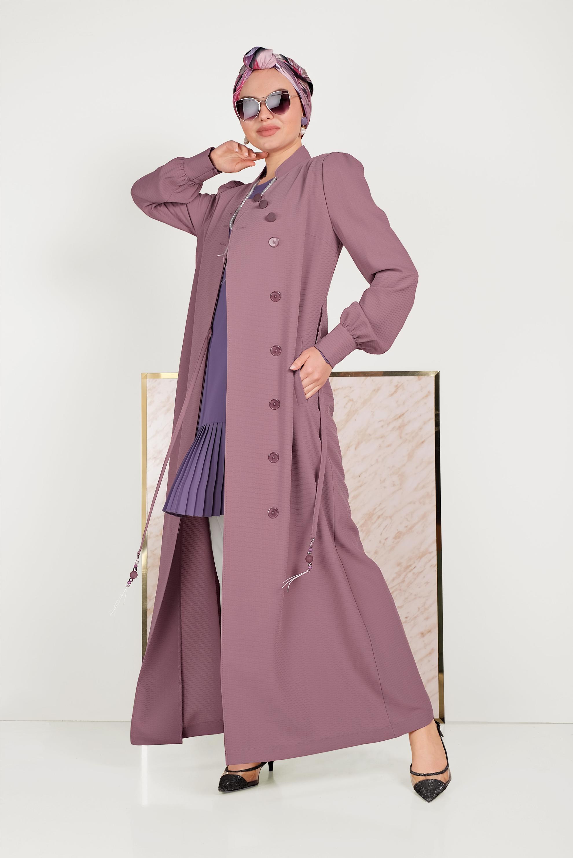 Tesettür giyim PEMBE HAKİM YAKA DÜĞMELİ PARDESÜ 10184