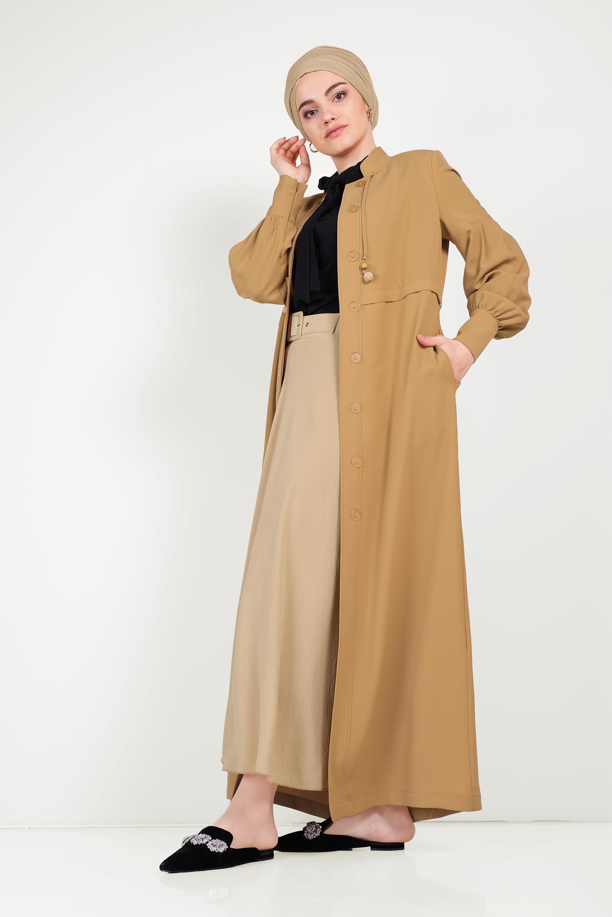 Tesettür giyim SARI DÜĞMELİ HAKİM YAKA PARDESÜ 10195