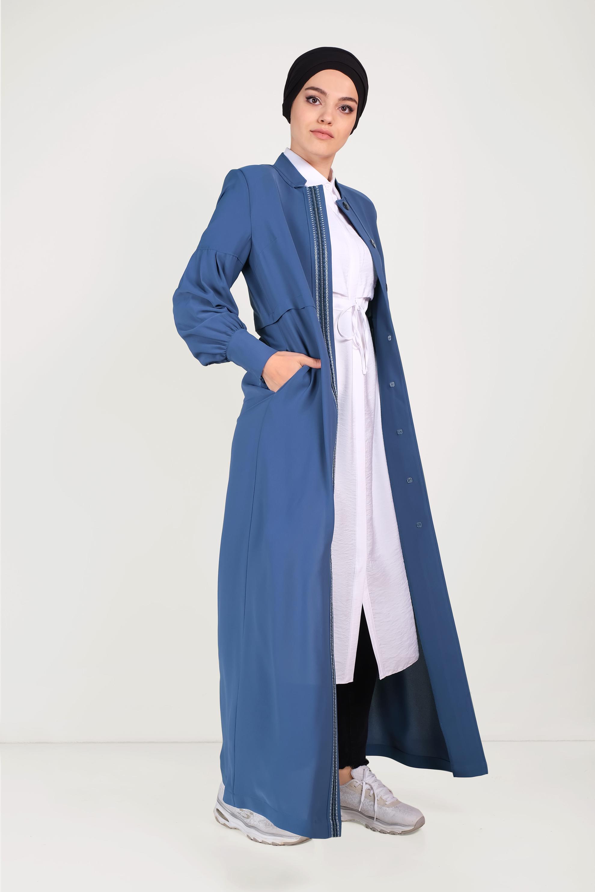 Tesettür giyim LACİVERT DÜĞMELİ HAKİM YAKA PARDESÜ 10195