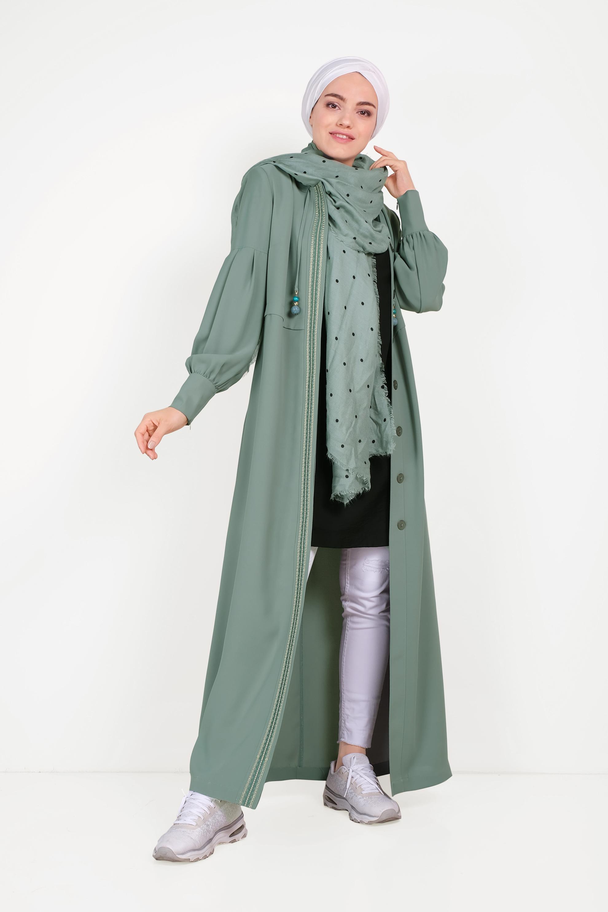 Tesettür giyim MAVİ DÜĞMELİ HAKİM YAKA PARDESÜ 10195