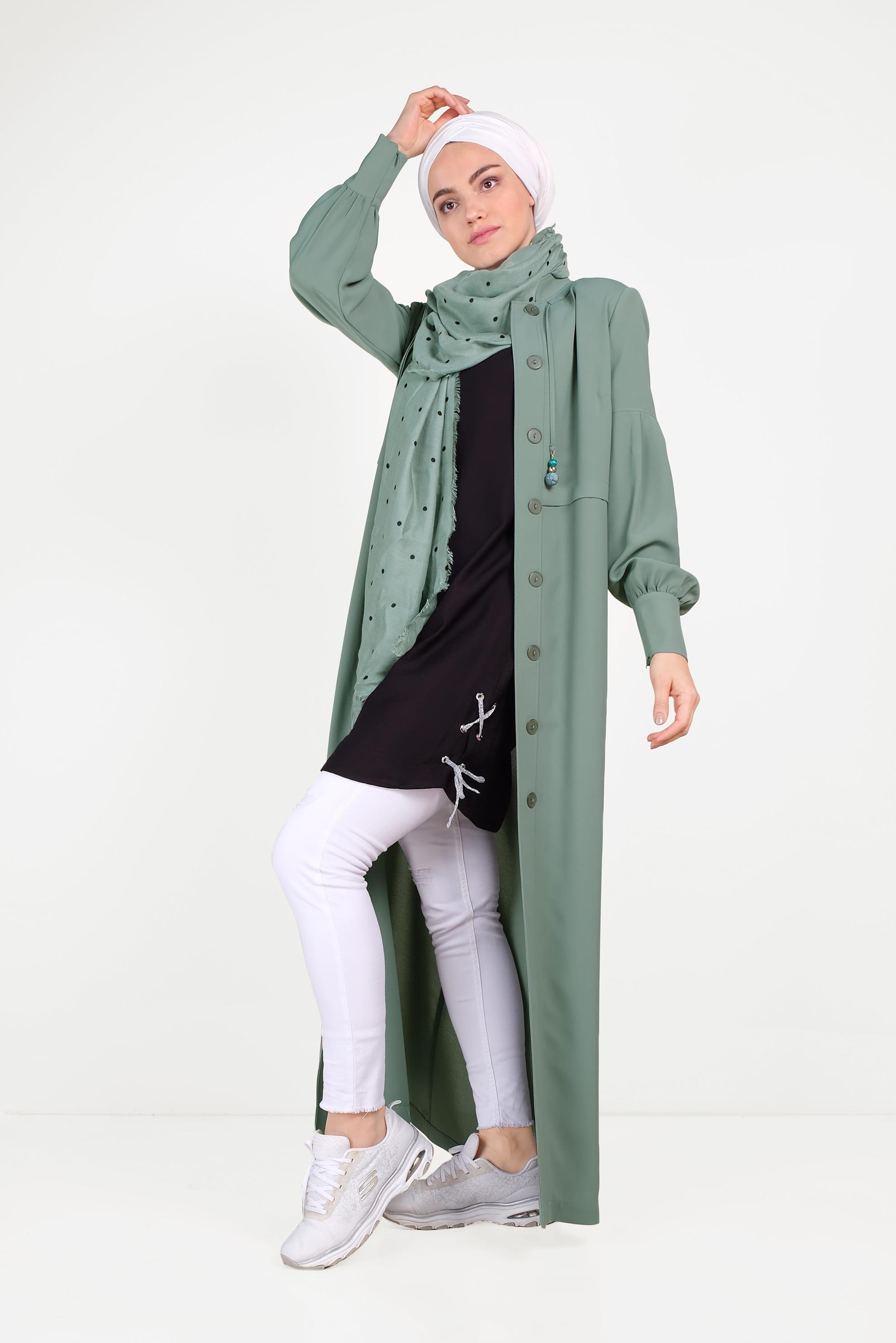 Tesettür giyim MAVİ DÜĞMELİ HAKİM YAKA PARDESÜ 10195