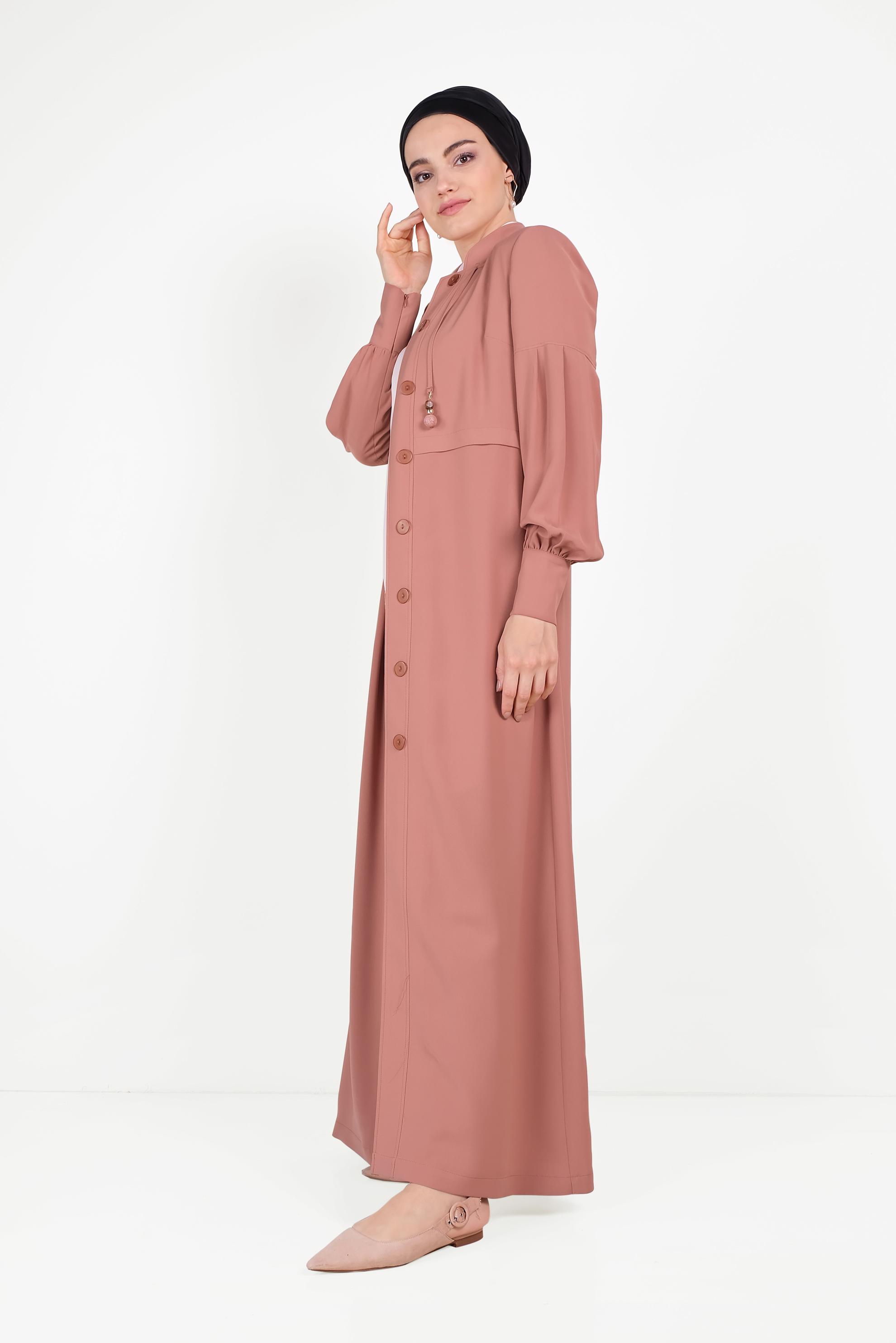Tesettür giyim KAHVE DÜĞMELİ HAKİM YAKA PARDESÜ 10195