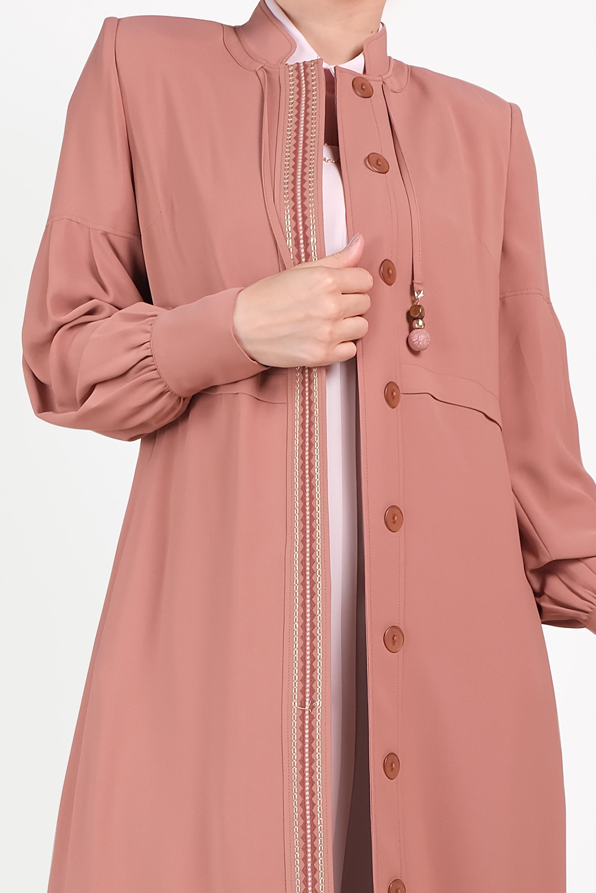 Tesettür giyim KAHVE DÜĞMELİ HAKİM YAKA PARDESÜ 10195