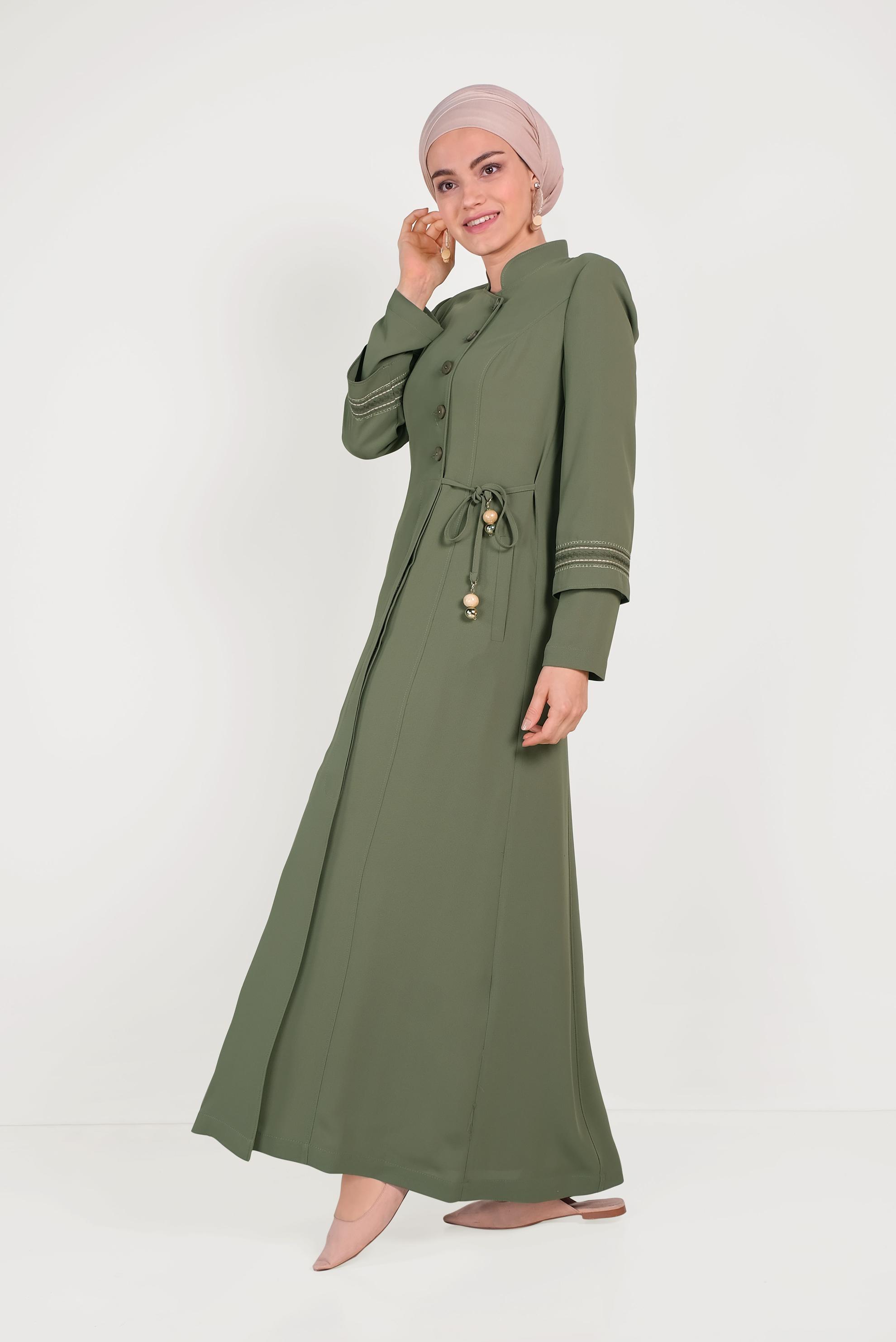 Tesettür giyim HAKİ HAKİM YAKA NAKIŞLI PARDESÜ 10196 