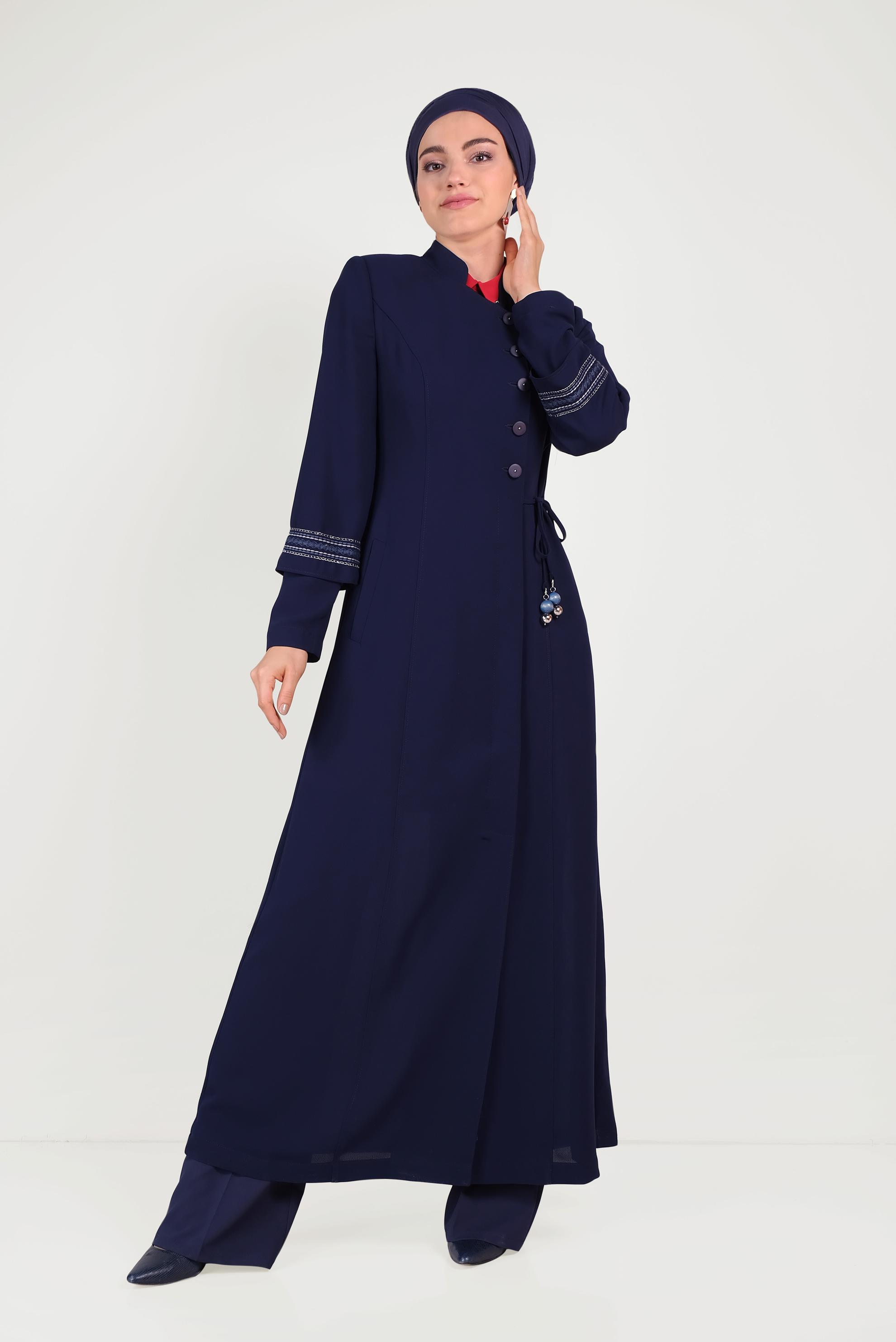 Tesettür giyim LACİVERT HAKİM YAKA NAKIŞLI PARDESÜ 10196 