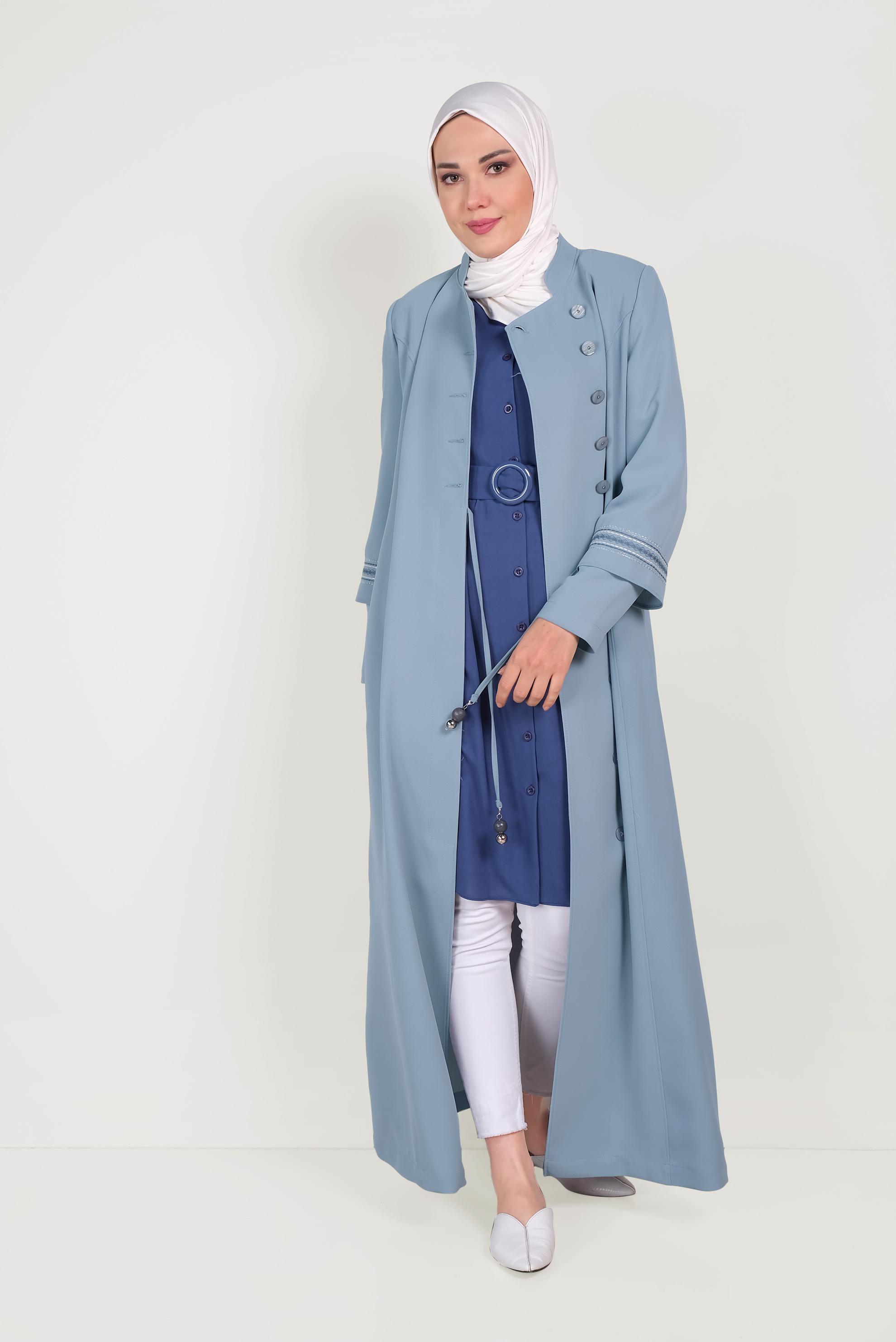 Tesettür giyim MAVİ HAKİM YAKA NAKIŞLI PARDESÜ 10196 