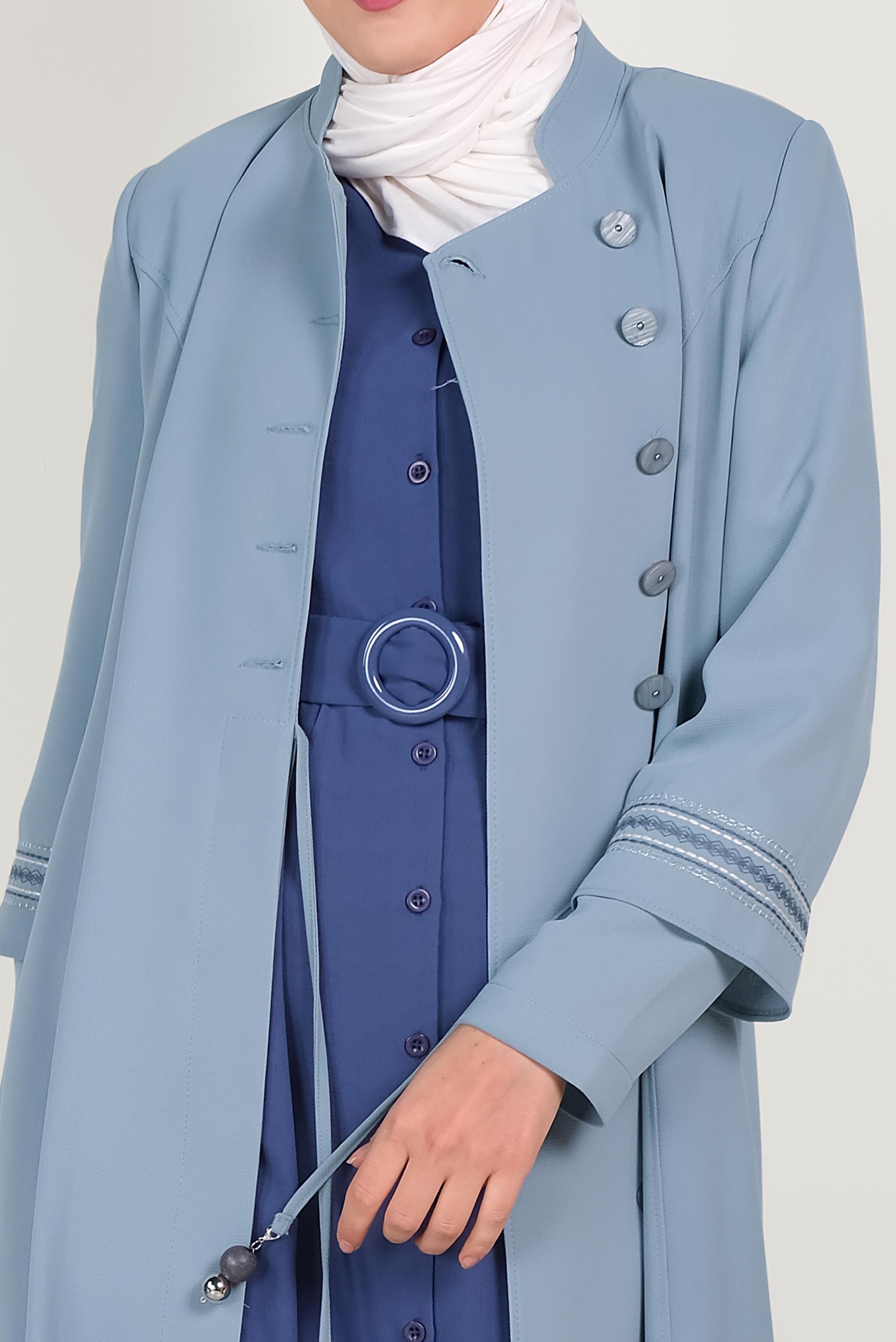 Tesettür giyim MAVİ HAKİM YAKA NAKIŞLI PARDESÜ 10196 