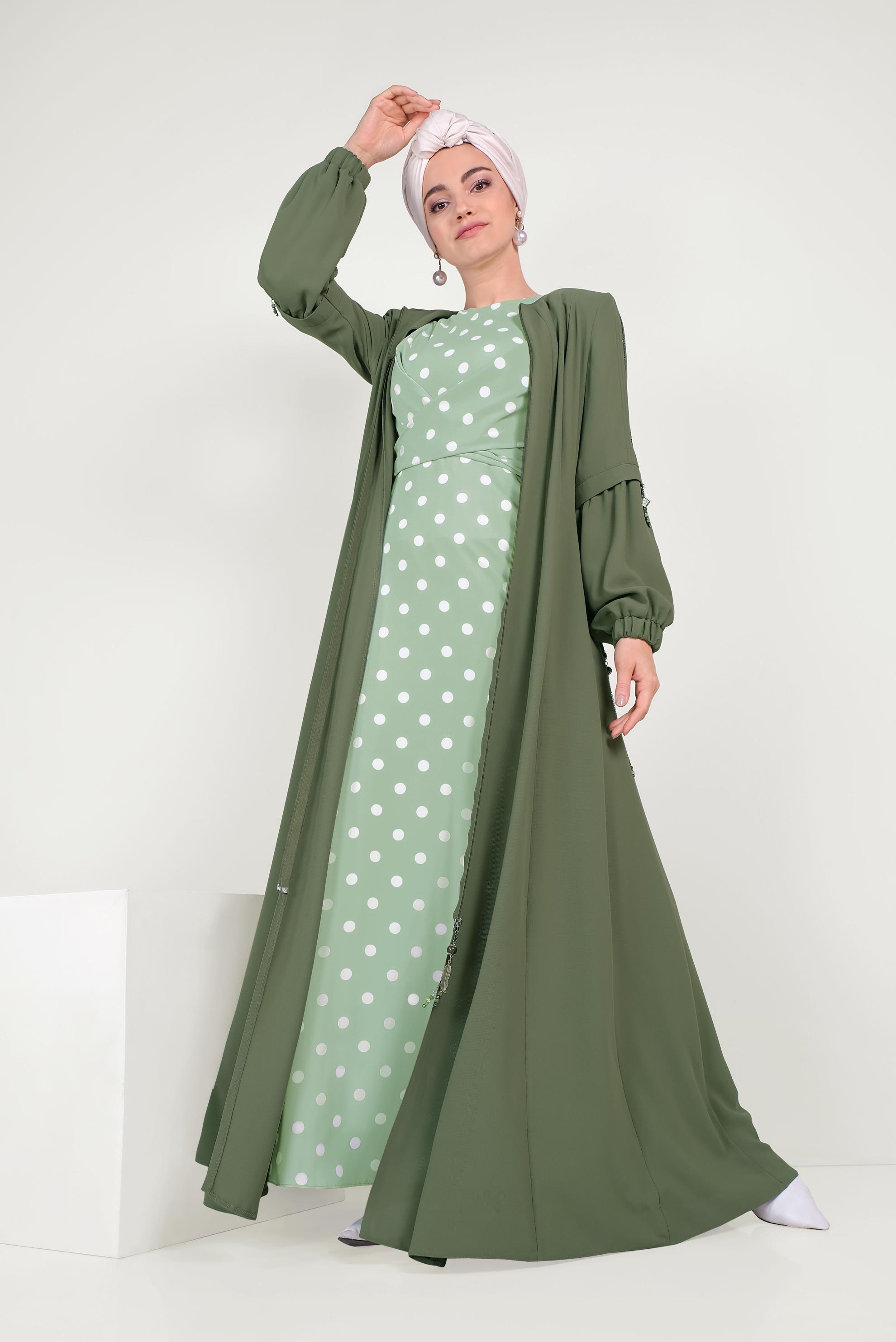 Tesettür giyim HAKİ TAŞ ŞERİTLİ FERMUARLI PARDESÜ 10201