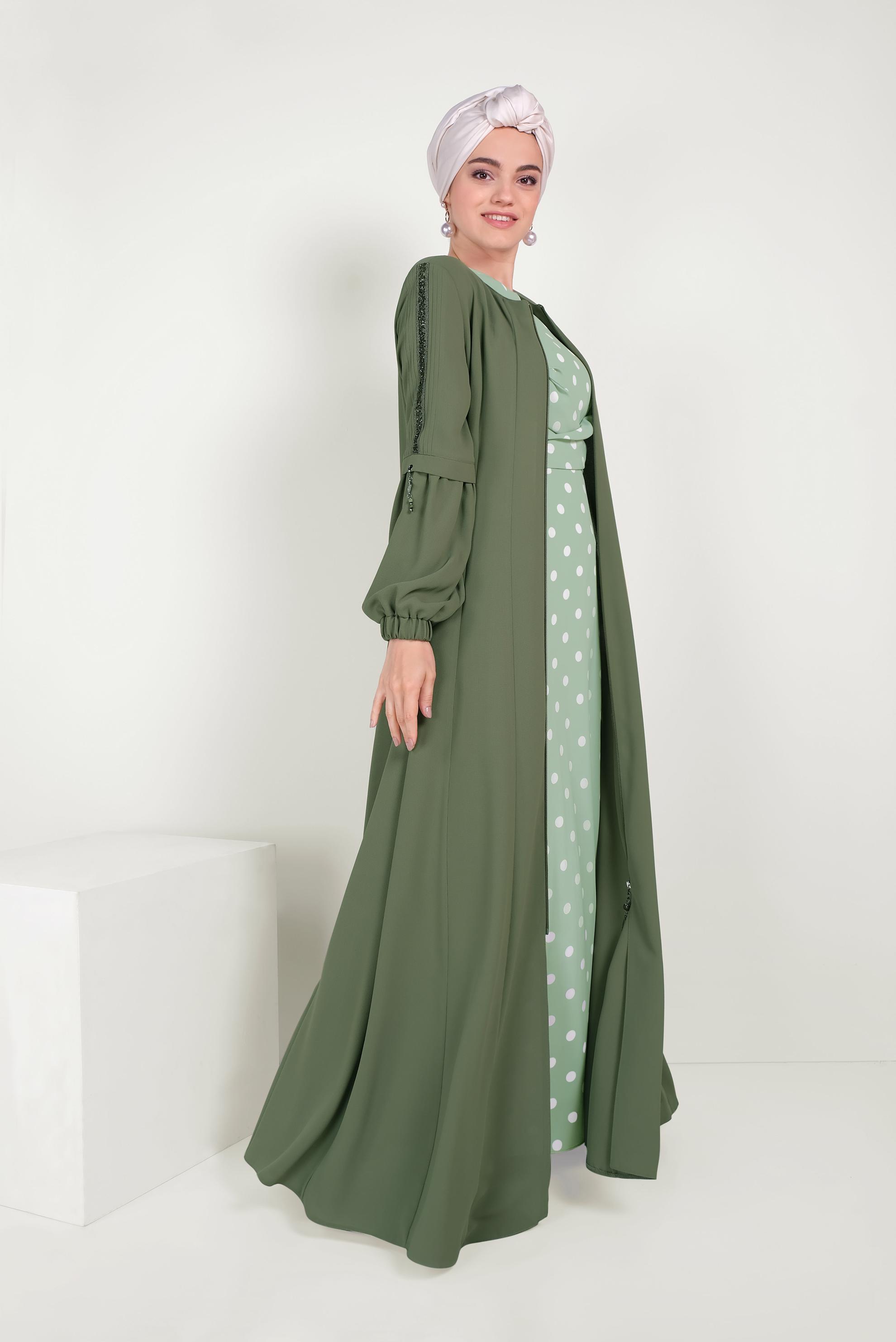 Tesettür giyim HAKİ TAŞ ŞERİTLİ FERMUARLI PARDESÜ 10201