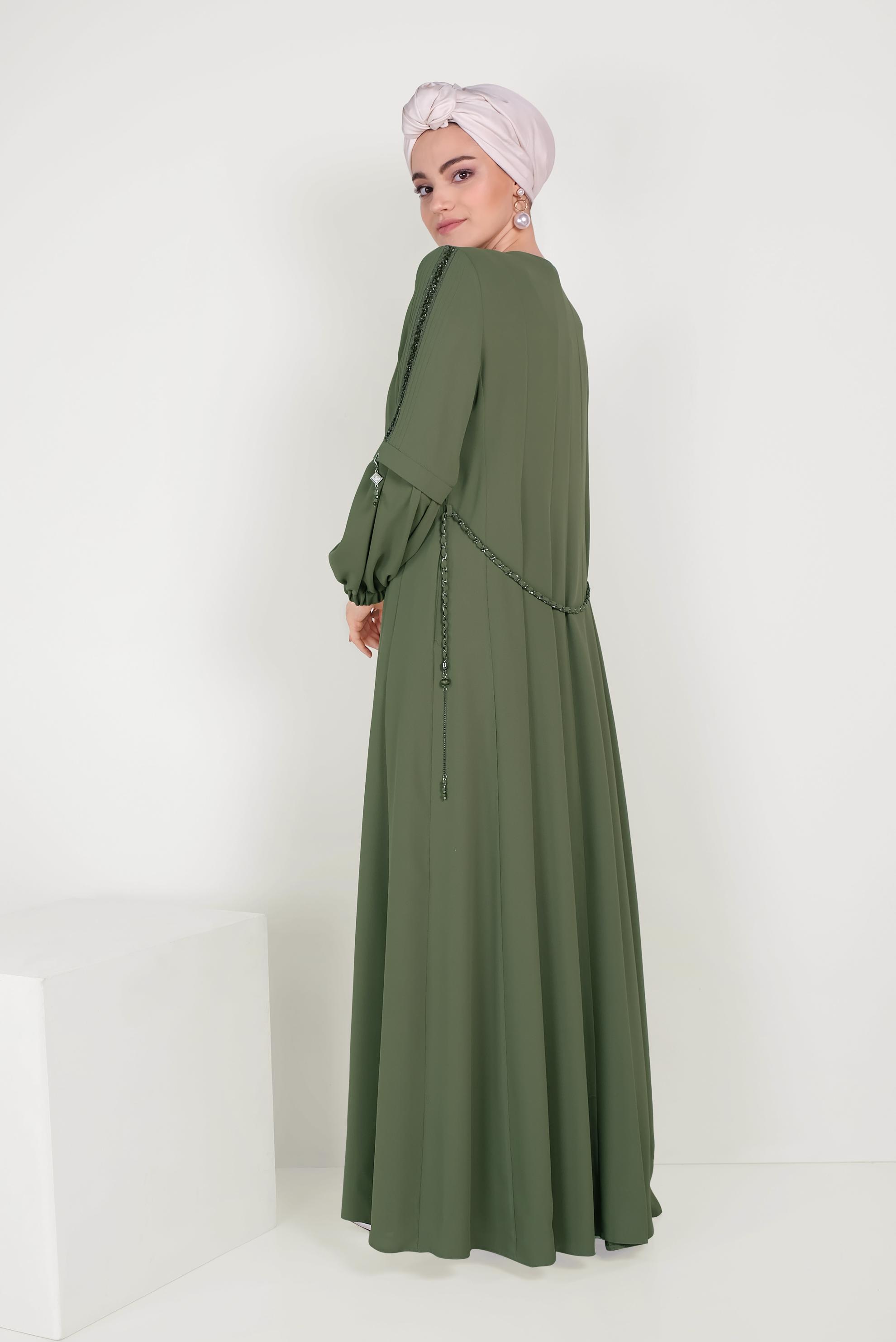 Tesettür giyim HAKİ TAŞ ŞERİTLİ FERMUARLI PARDESÜ 10201