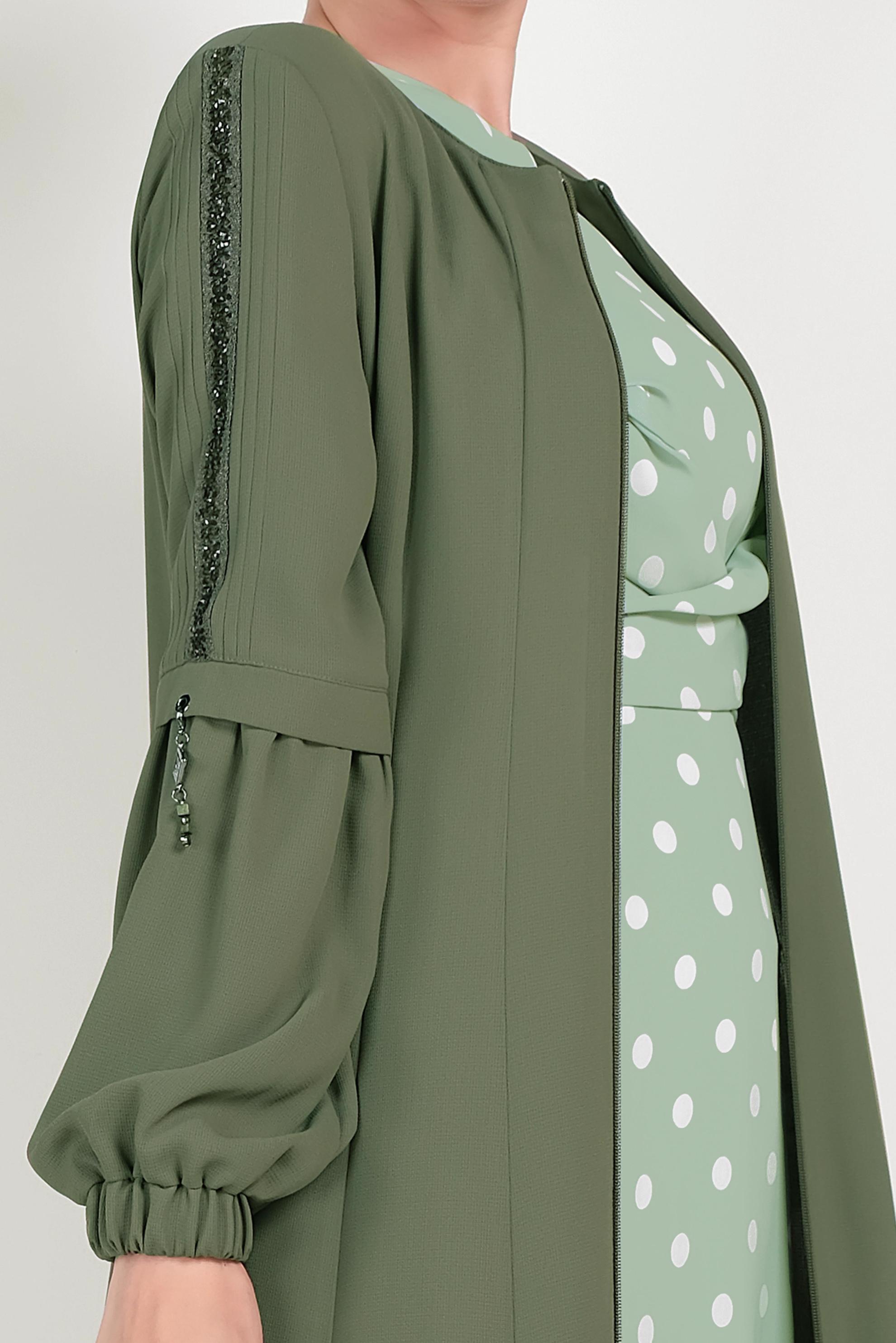 Tesettür giyim HAKİ TAŞ ŞERİTLİ FERMUARLI PARDESÜ 10201