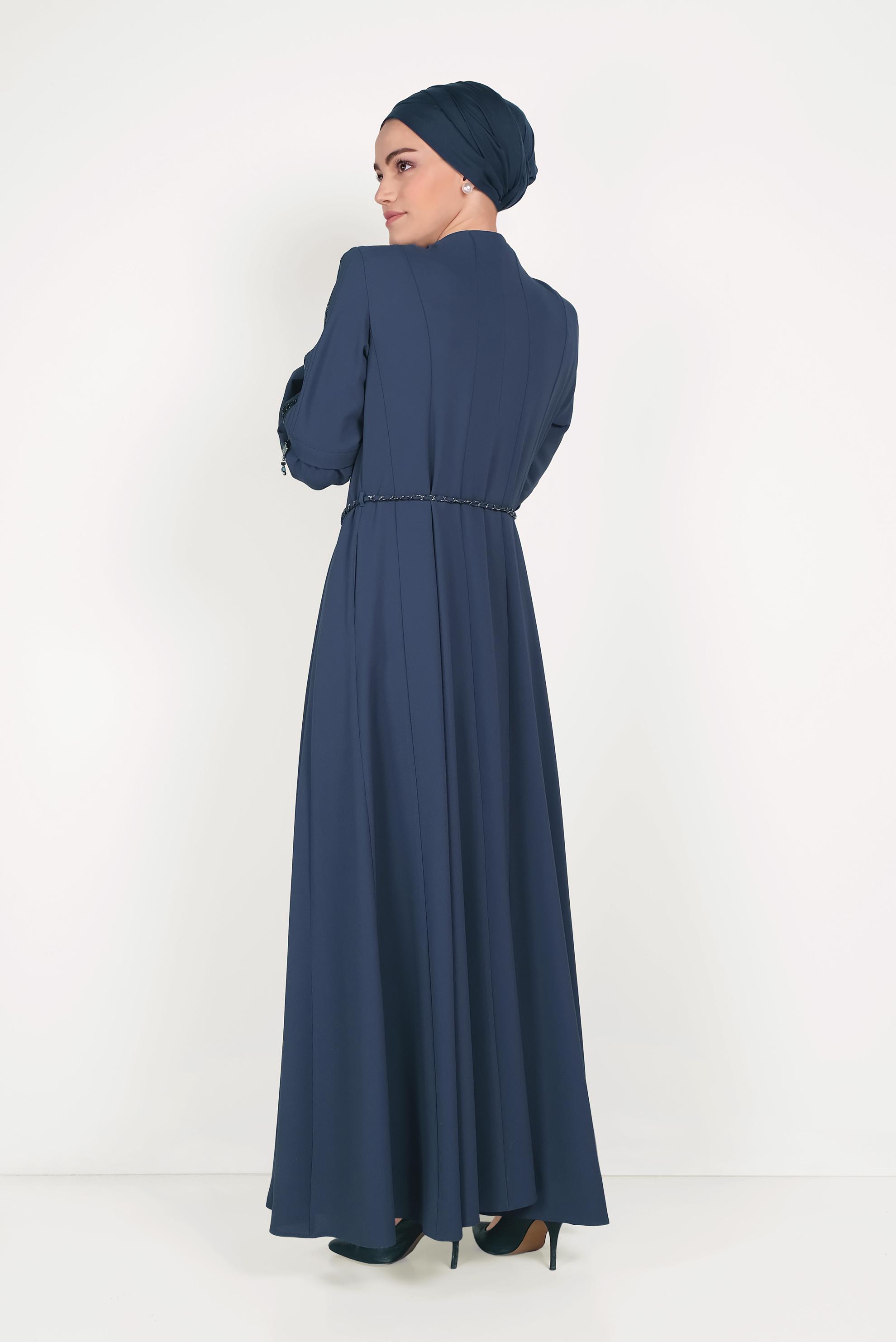 Tesettür giyim LACİVERT TAŞ ŞERİTLİ FERMUARLI PARDESÜ 10201