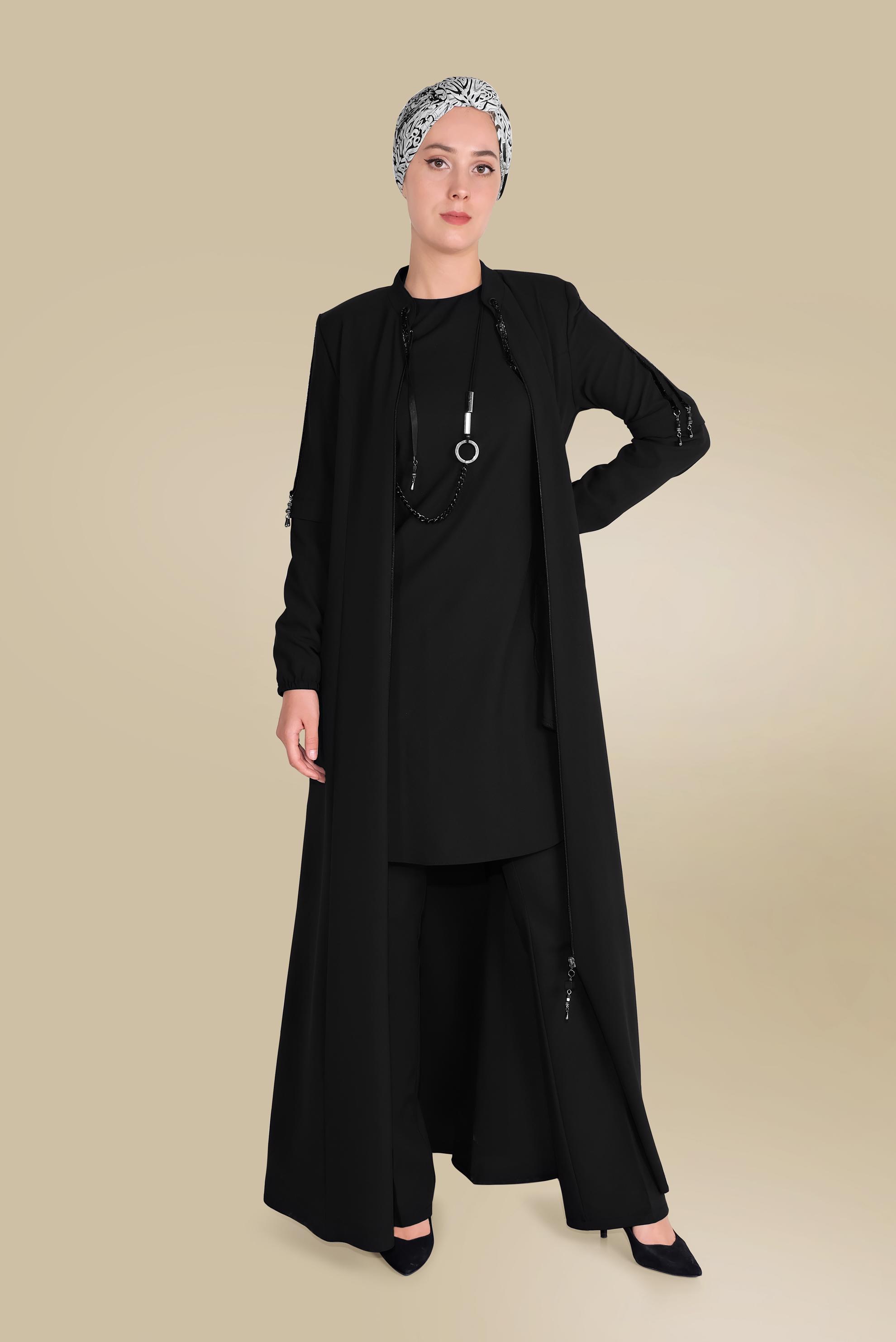 Tesettür giyim SİYAH KOLLARI BONCUK VE ŞERİT DETAYLI PARDESÜ 10202 