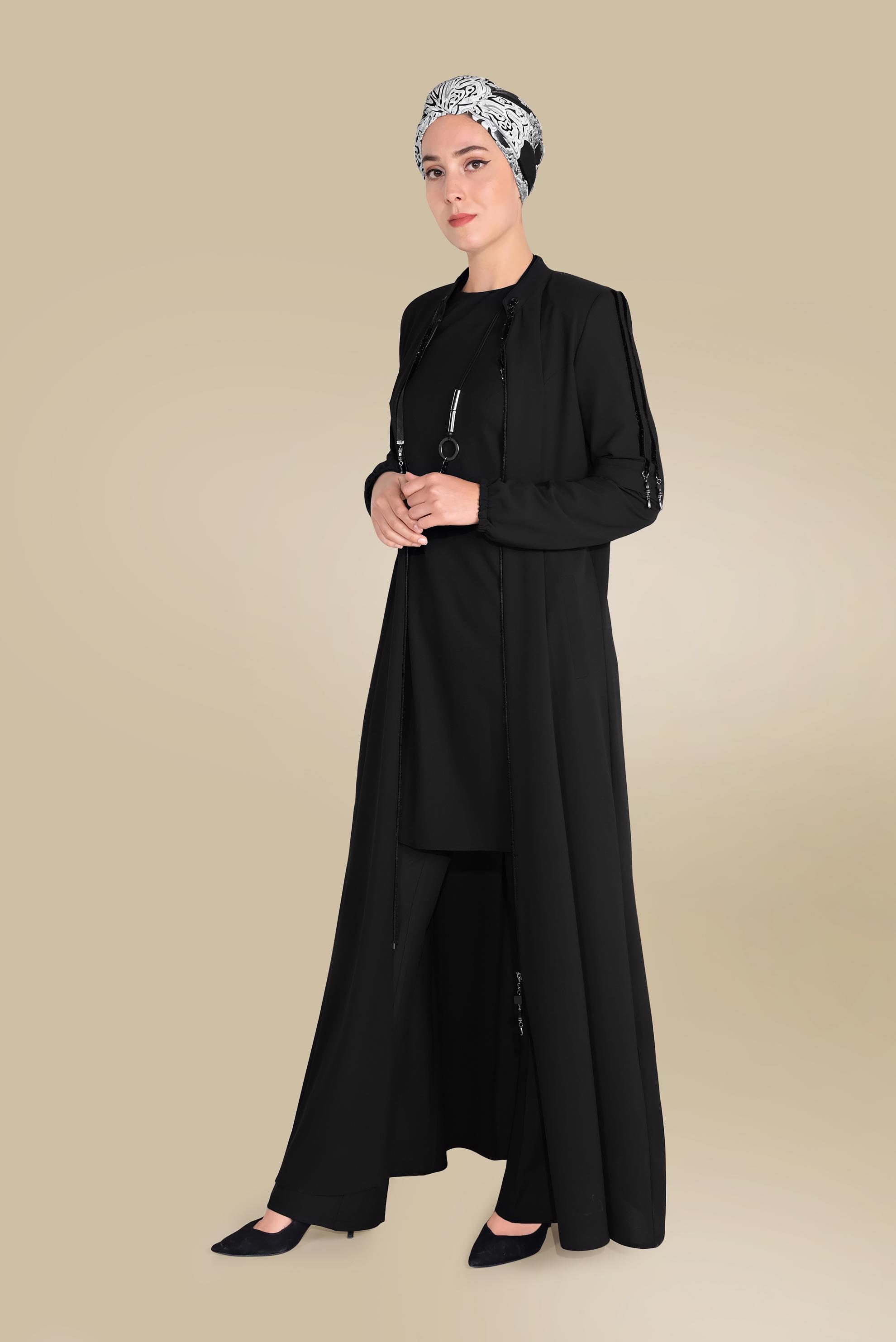 Tesettür giyim SİYAH KOLLARI BONCUK VE ŞERİT DETAYLI PARDESÜ 10202 