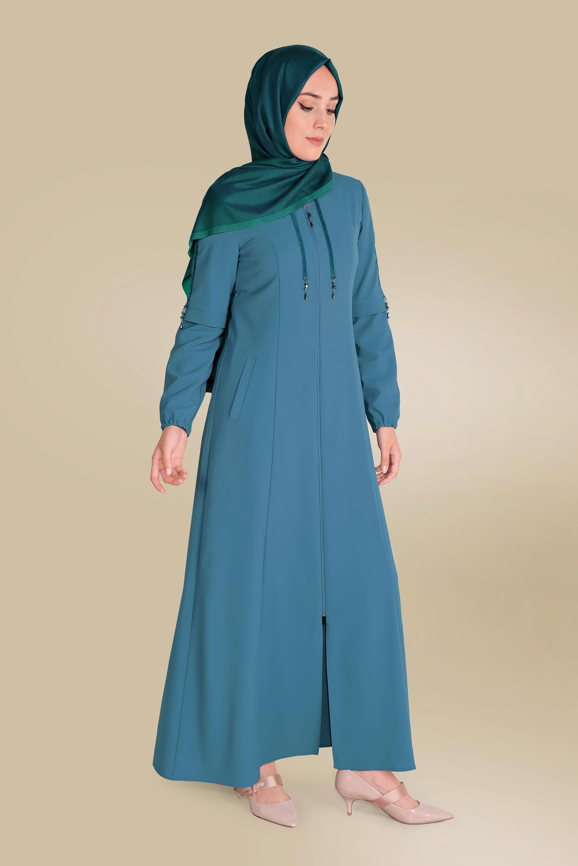 Tesettür giyim MAVİ KOLLARI BONCUK VE ŞERİT DETAYLI PARDESÜ 10202 