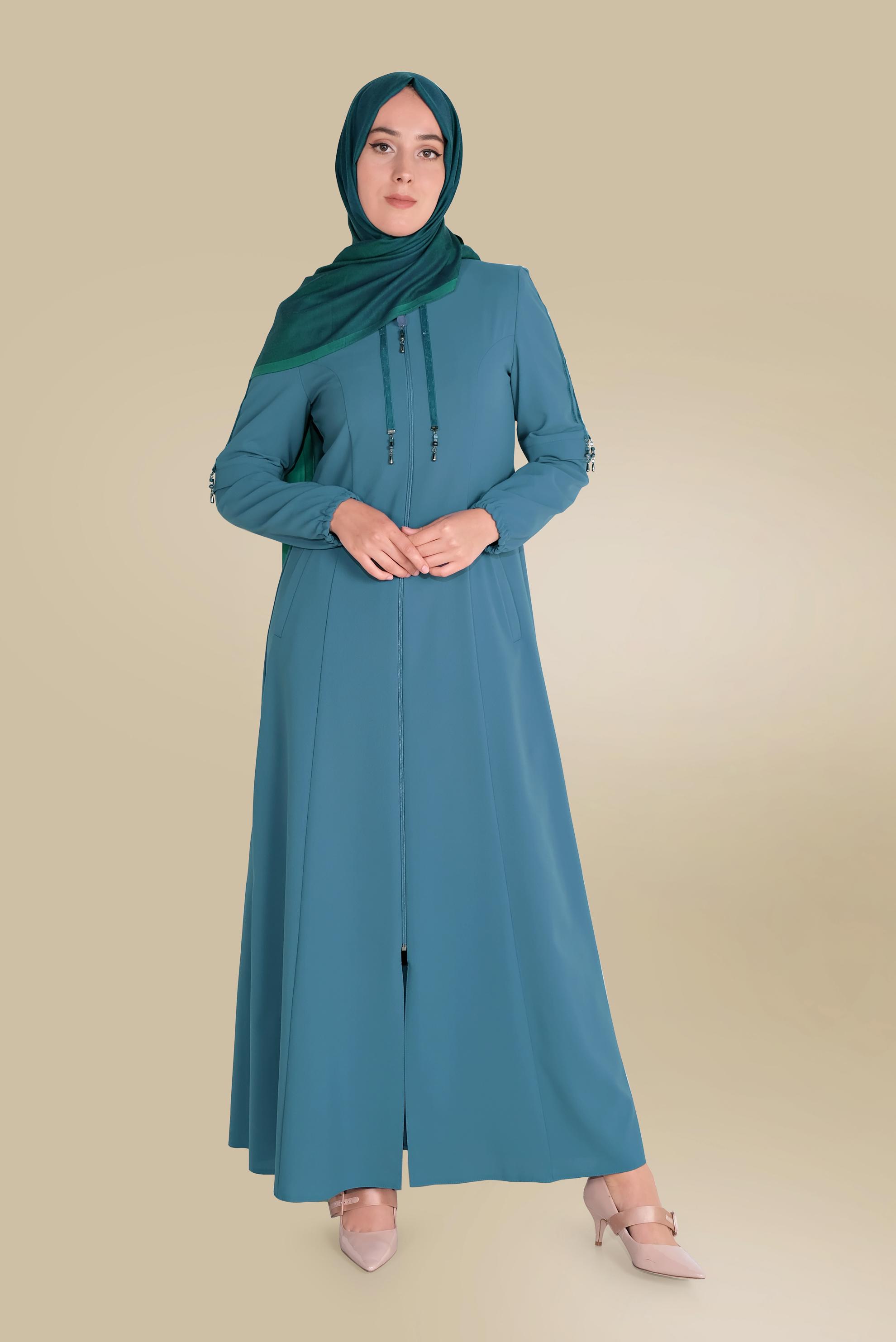 Tesettür giyim MAVİ KOLLARI BONCUK VE ŞERİT DETAYLI PARDESÜ 10202 