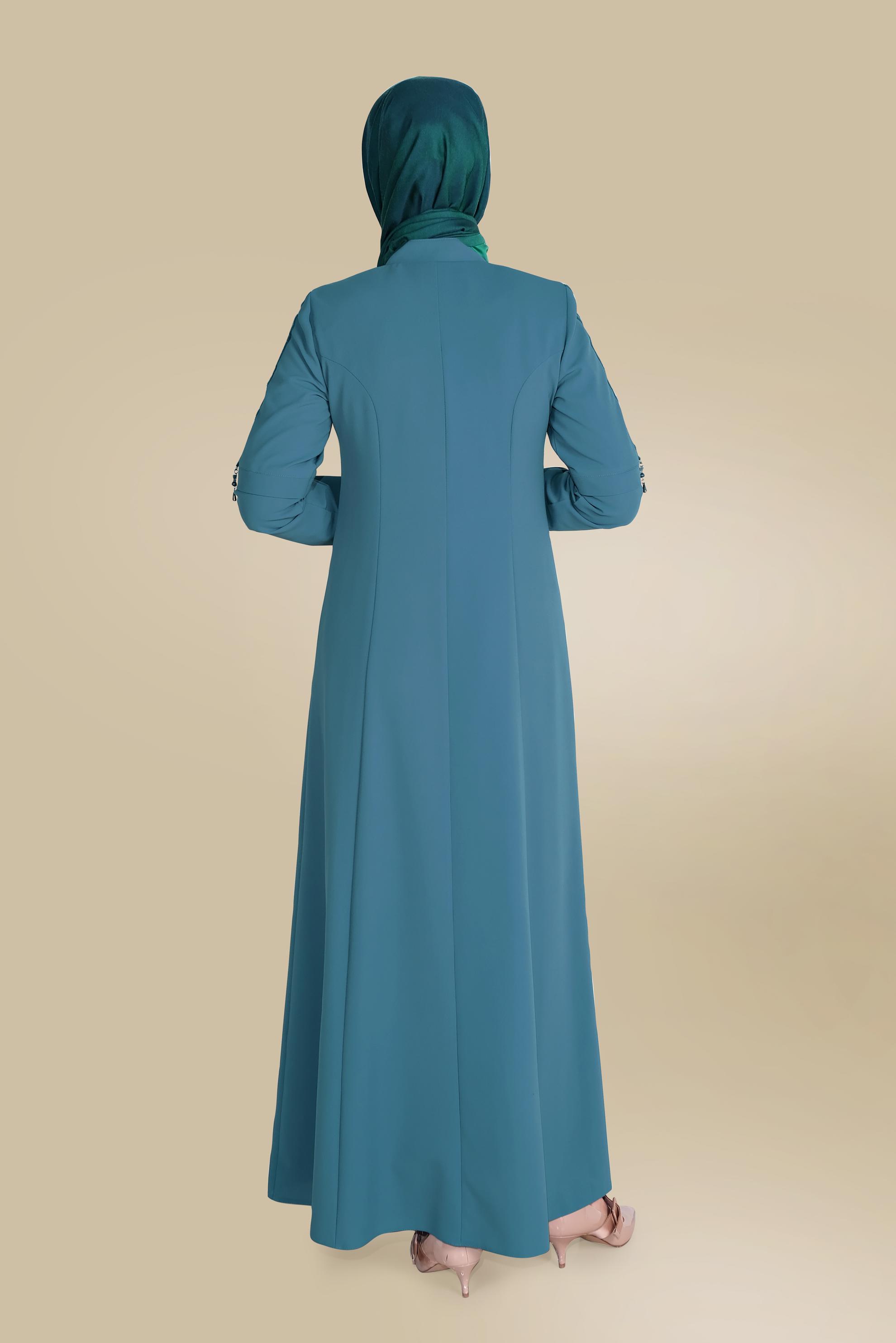 Tesettür giyim MAVİ KOLLARI BONCUK VE ŞERİT DETAYLI PARDESÜ 10202 