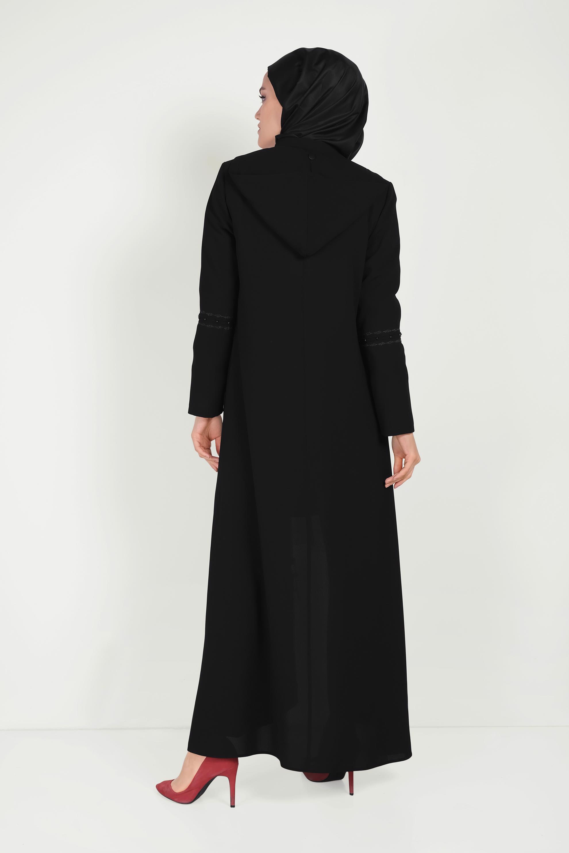 Tesettür giyim SİYAH BELDEN BÜZGÜLÜ KAPÜŞONLU PARDESÜ 10204