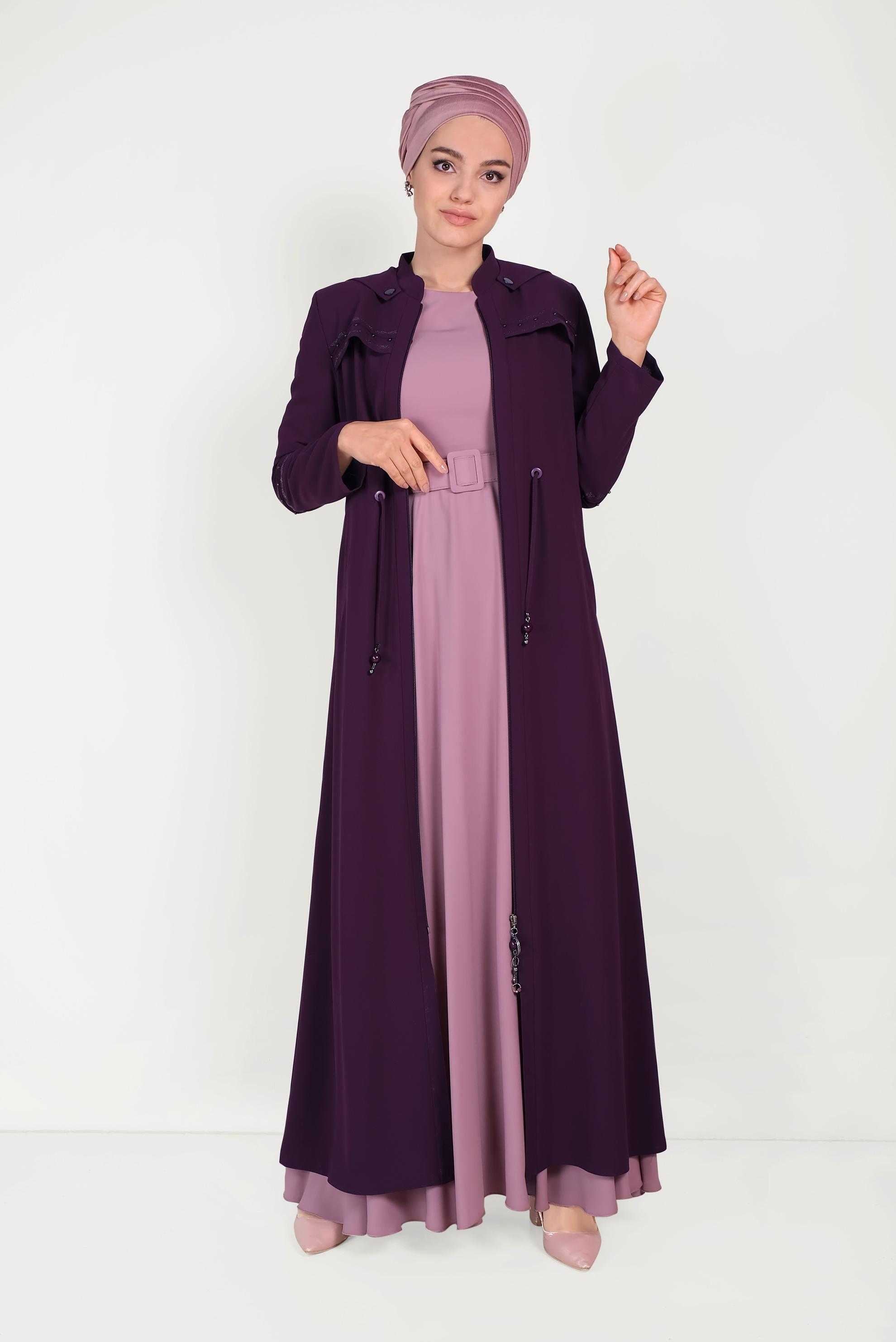 Tesettür giyim MÜRDÜM BELDEN BÜZGÜLÜ KAPÜŞONLU PARDESÜ 10204