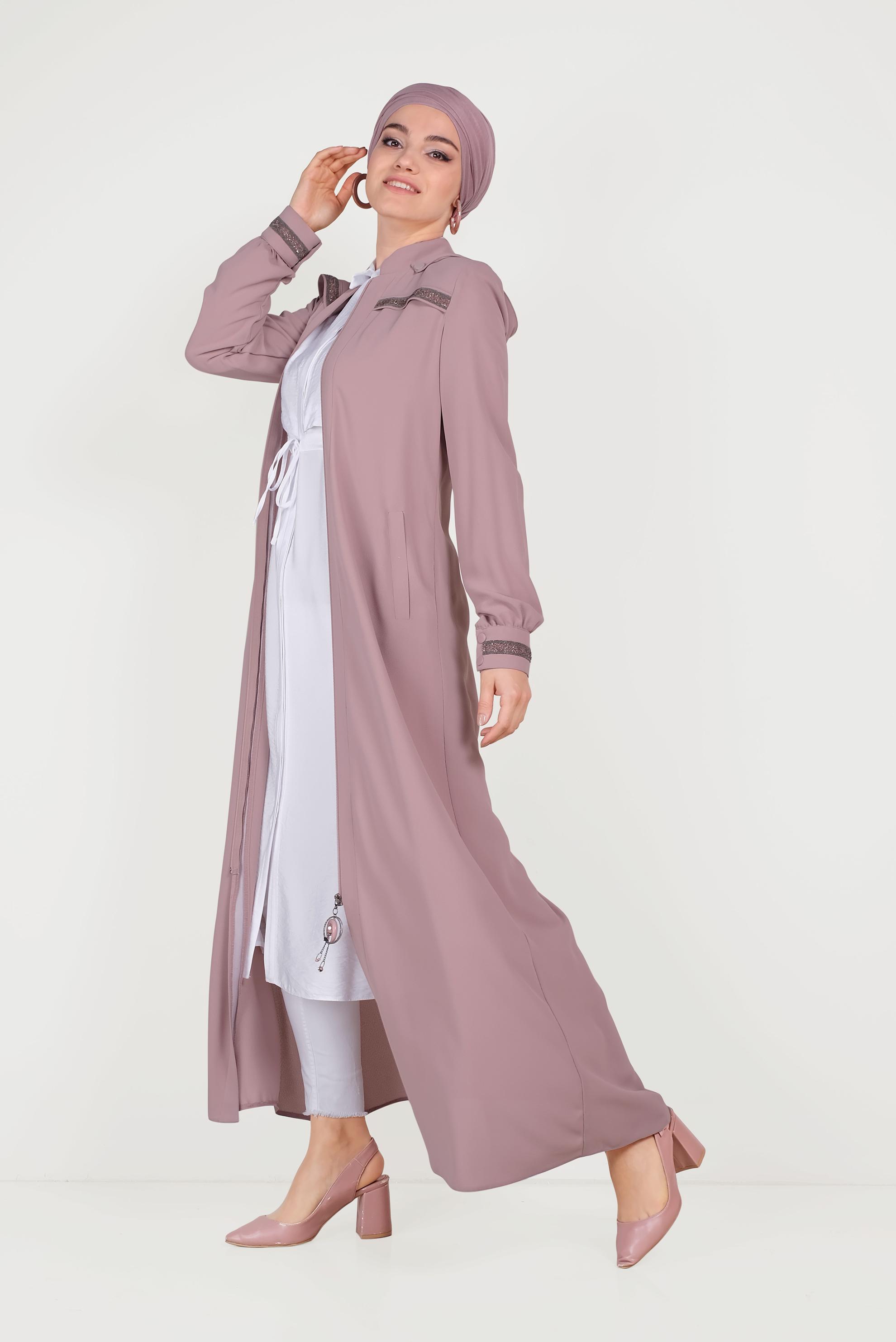 Tesettür giyim PUDRA HAKİM YAKA KOLLARI TAŞLI PARDESÜ 10205